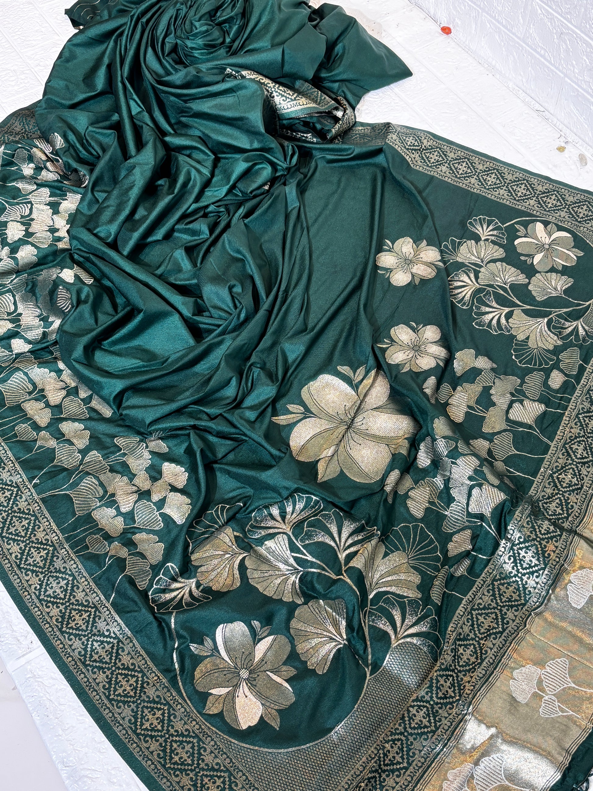 Emerald Green Banarasi Silk Saree with Silver Zari Floral Weave