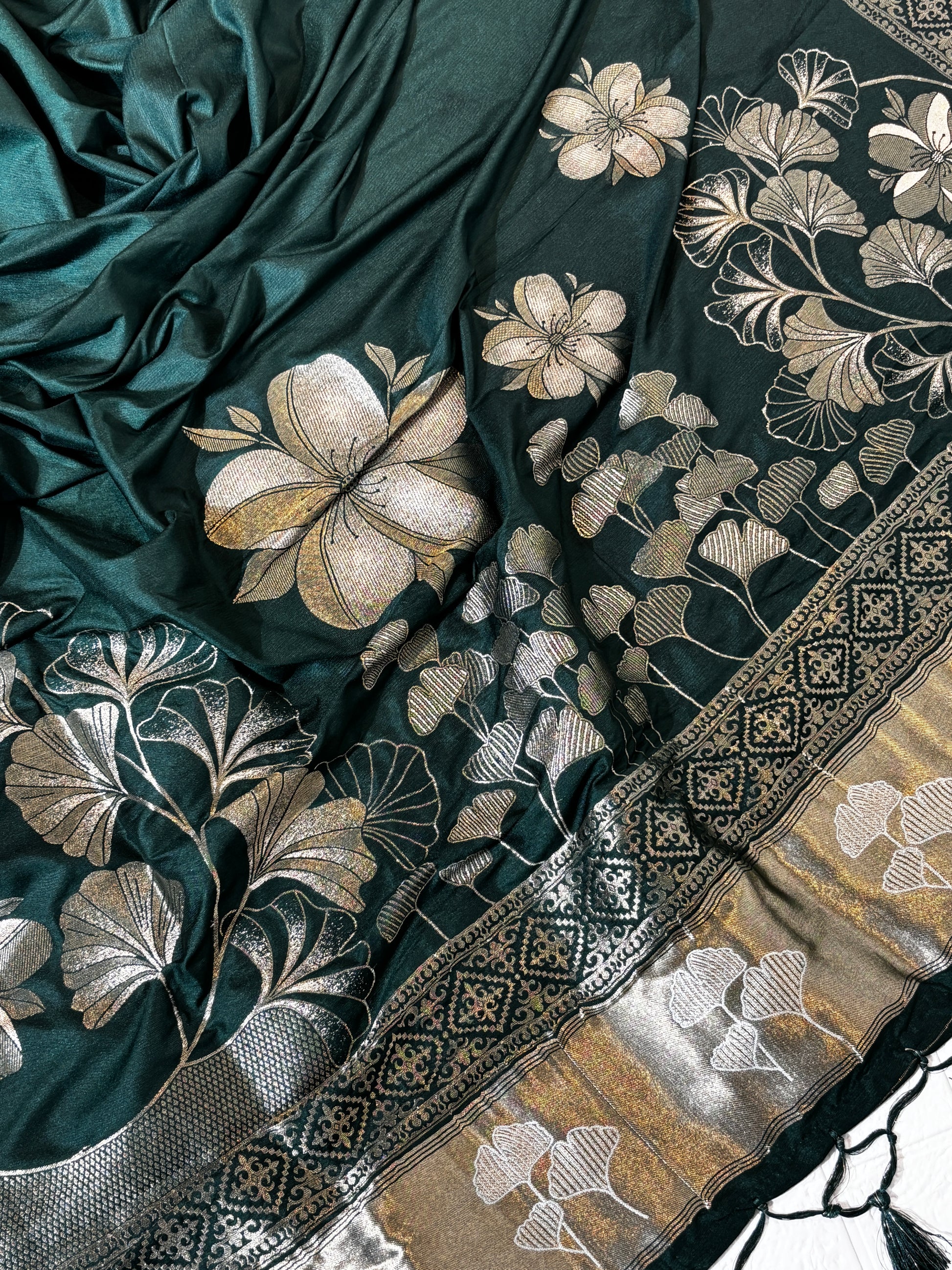 Emerald Green Banarasi Silk Saree with Silver Zari Floral Weave