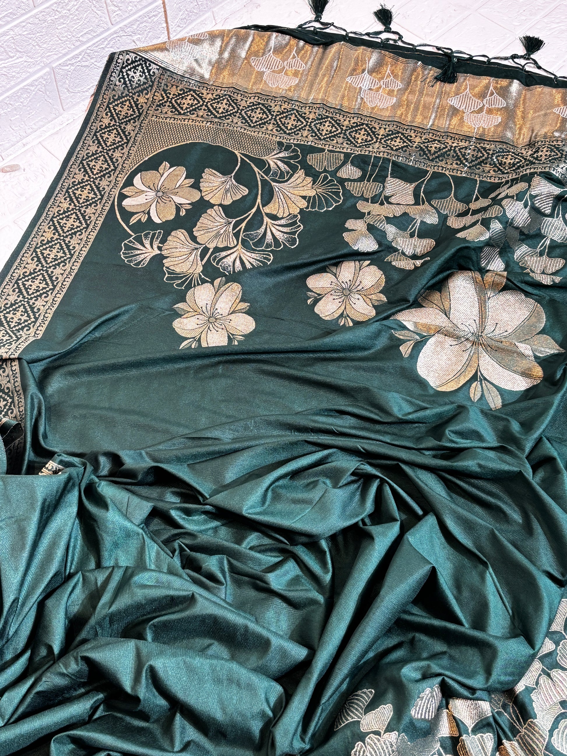Emerald Green Banarasi Silk Saree with Silver Zari Floral Weave