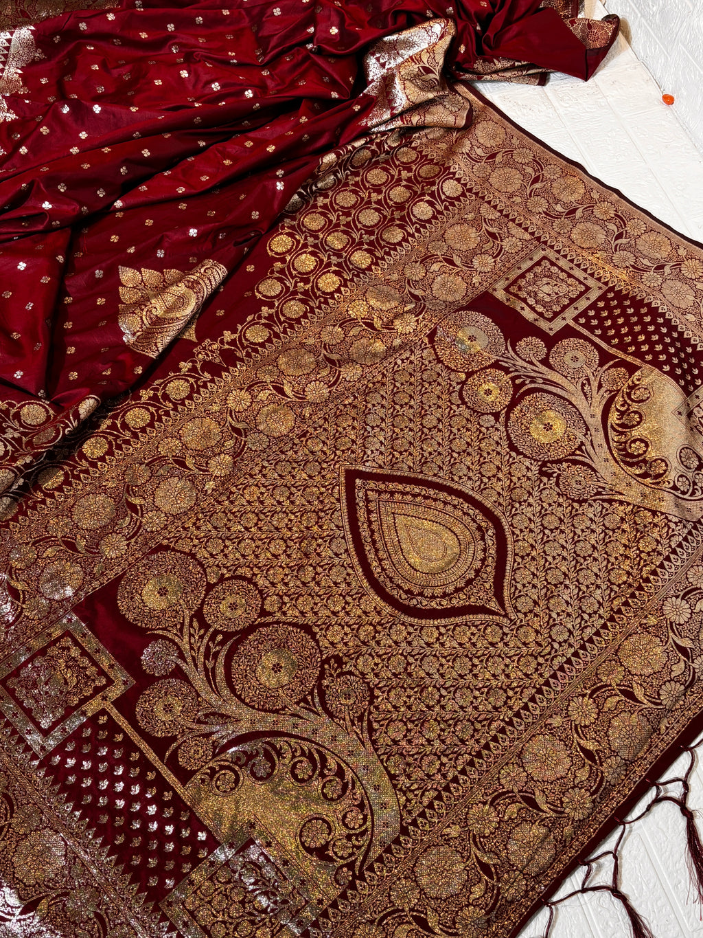 Luxurious Maroon Banarasi Silk Saree with Heavy Antique Gold Zari Work