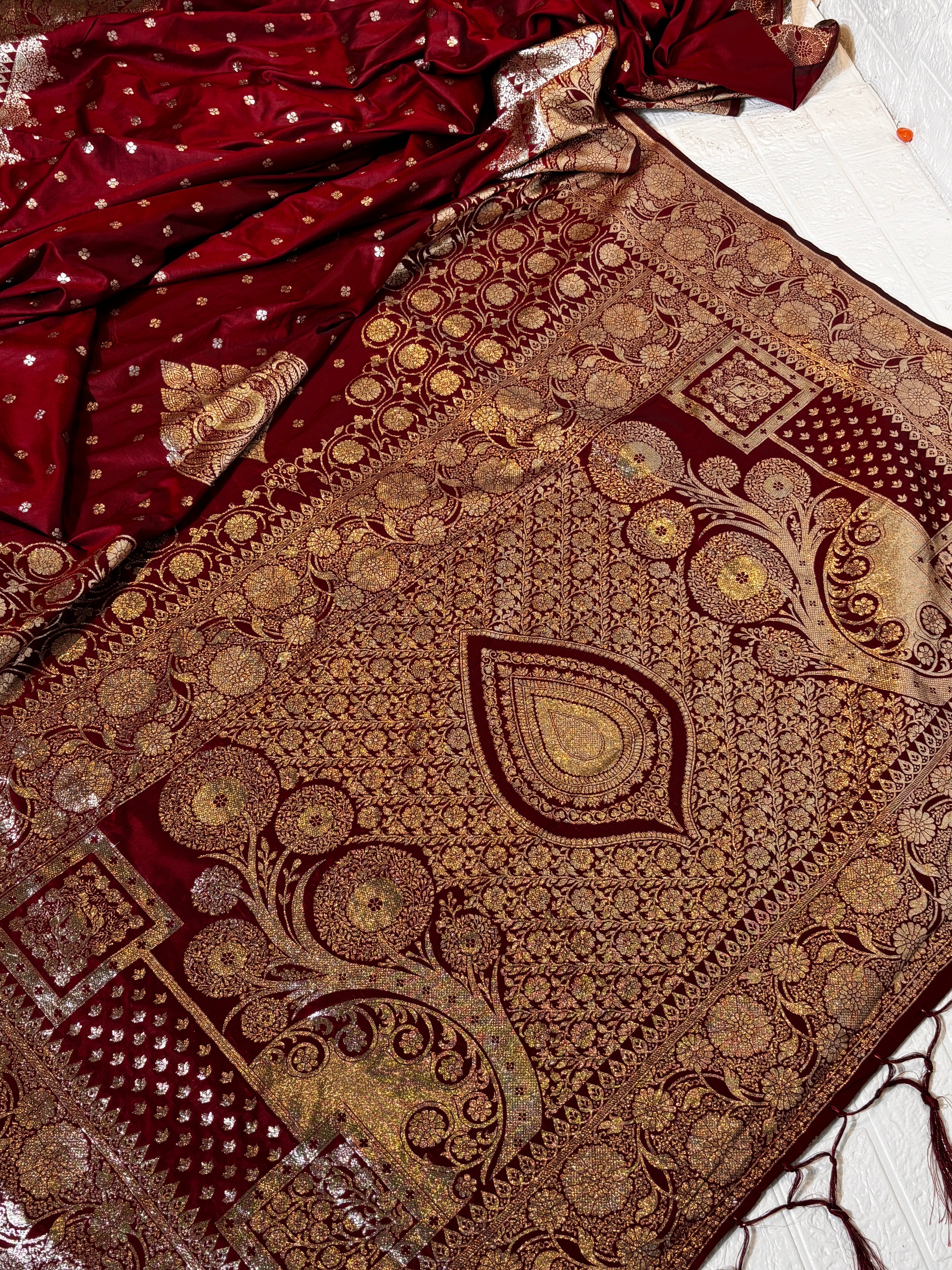 Luxurious Maroon Banarasi Silk Saree with Heavy Antique Gold Zari Work