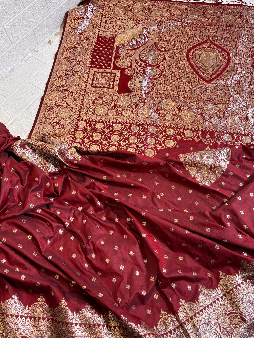 Luxurious Maroon Banarasi Silk Saree with Heavy Antique Gold Zari Work