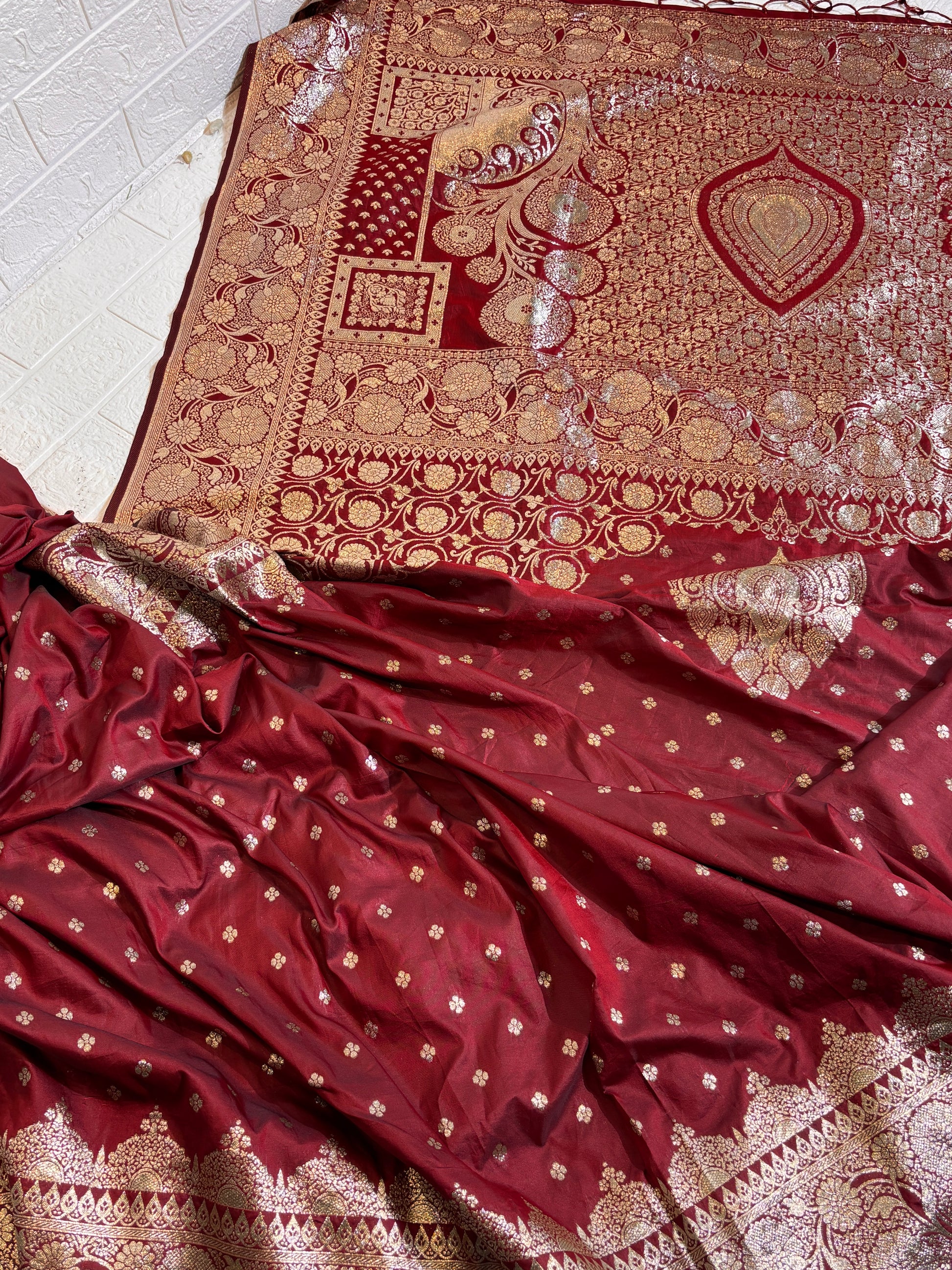 Luxurious Maroon Banarasi Silk Saree with Heavy Antique Gold Zari Work