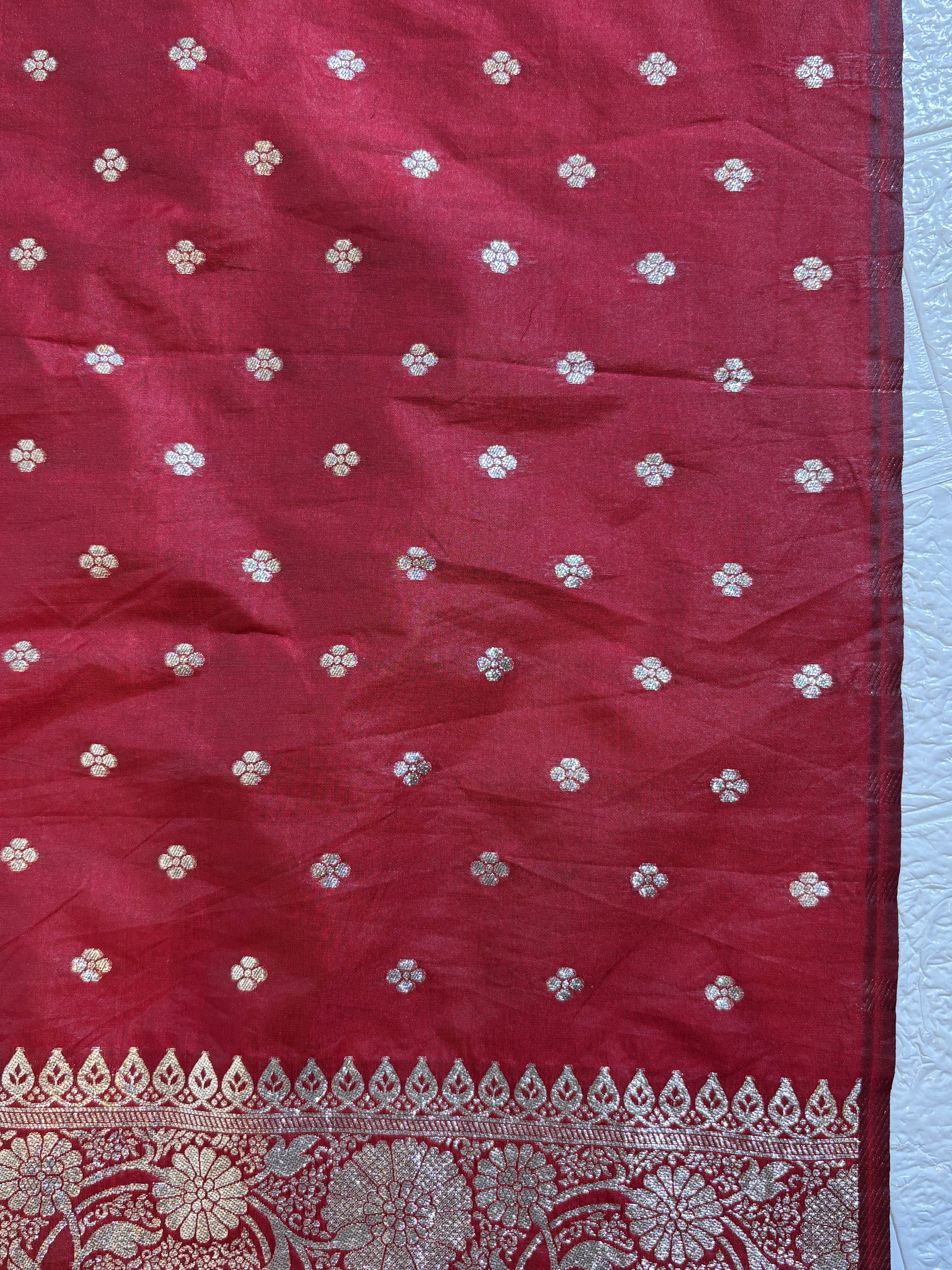 Luxurious Maroon Banarasi Silk Saree with Heavy Antique Gold Zari Work