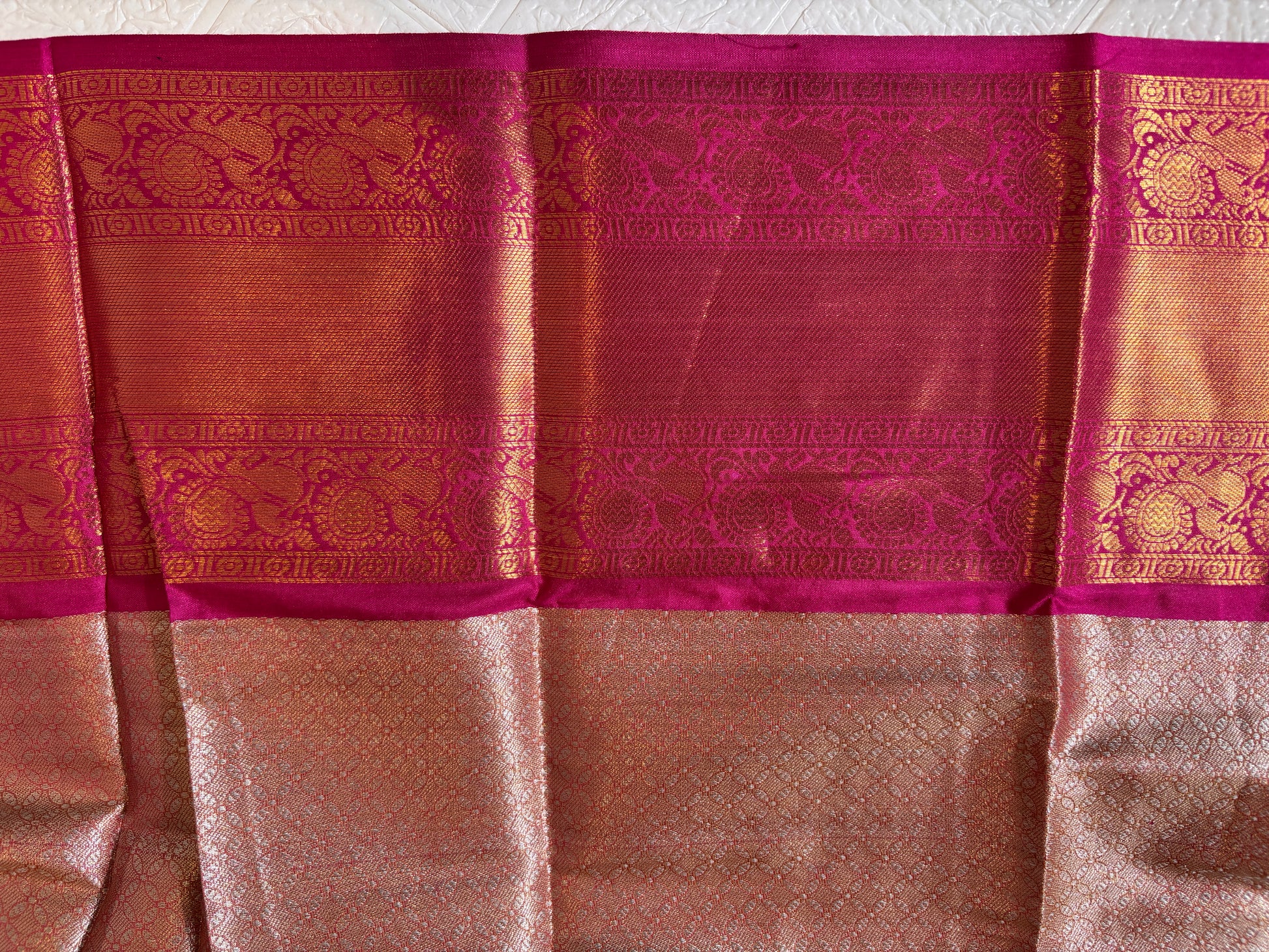 Orange and Pink Kanjivaram Silk Saree with Gold Zari and Peacock Motifs