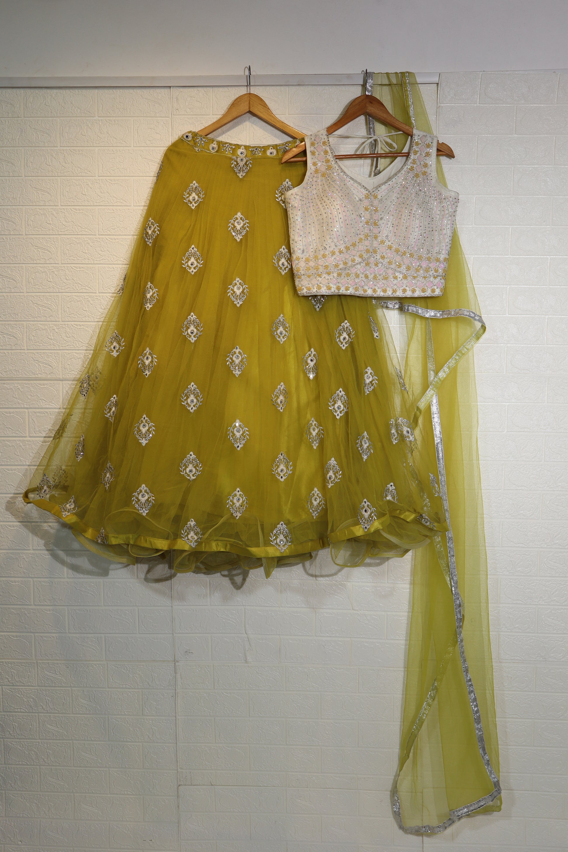 Yellow and White Embellished Lehenga Set