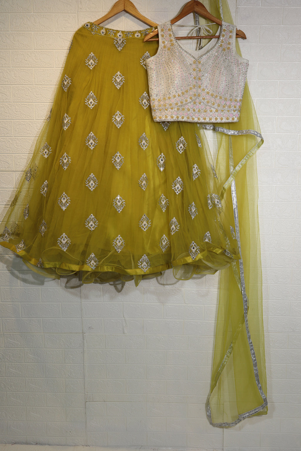 Yellow and White Embellished Lehenga Set