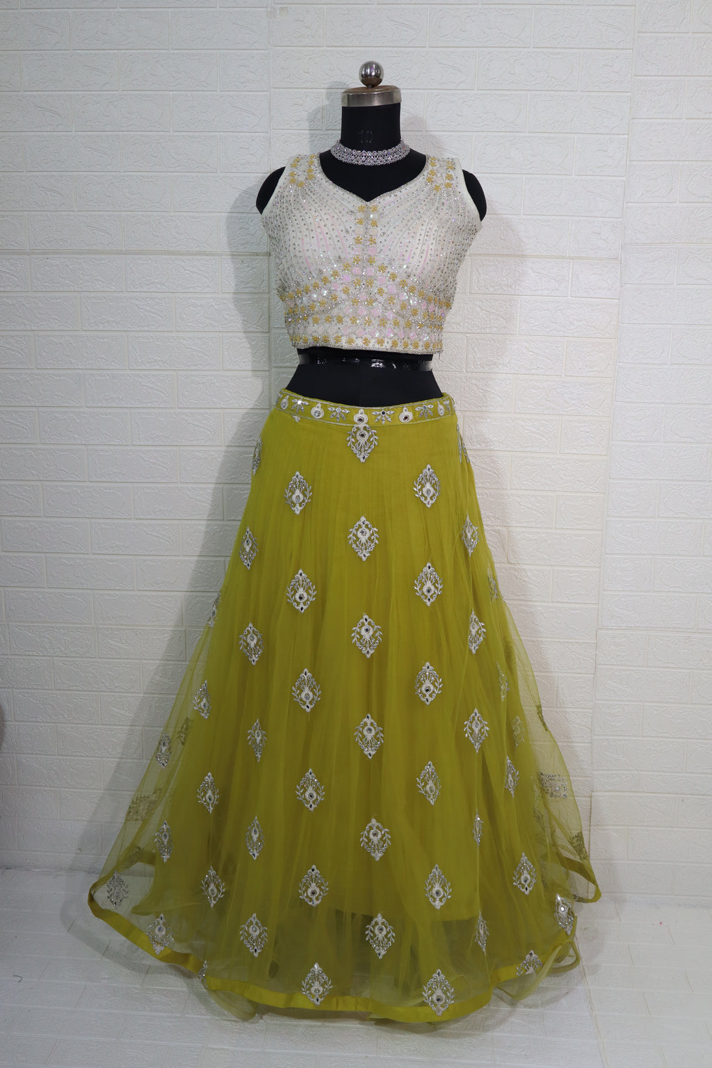 Yellow and White Embellished Lehenga Set