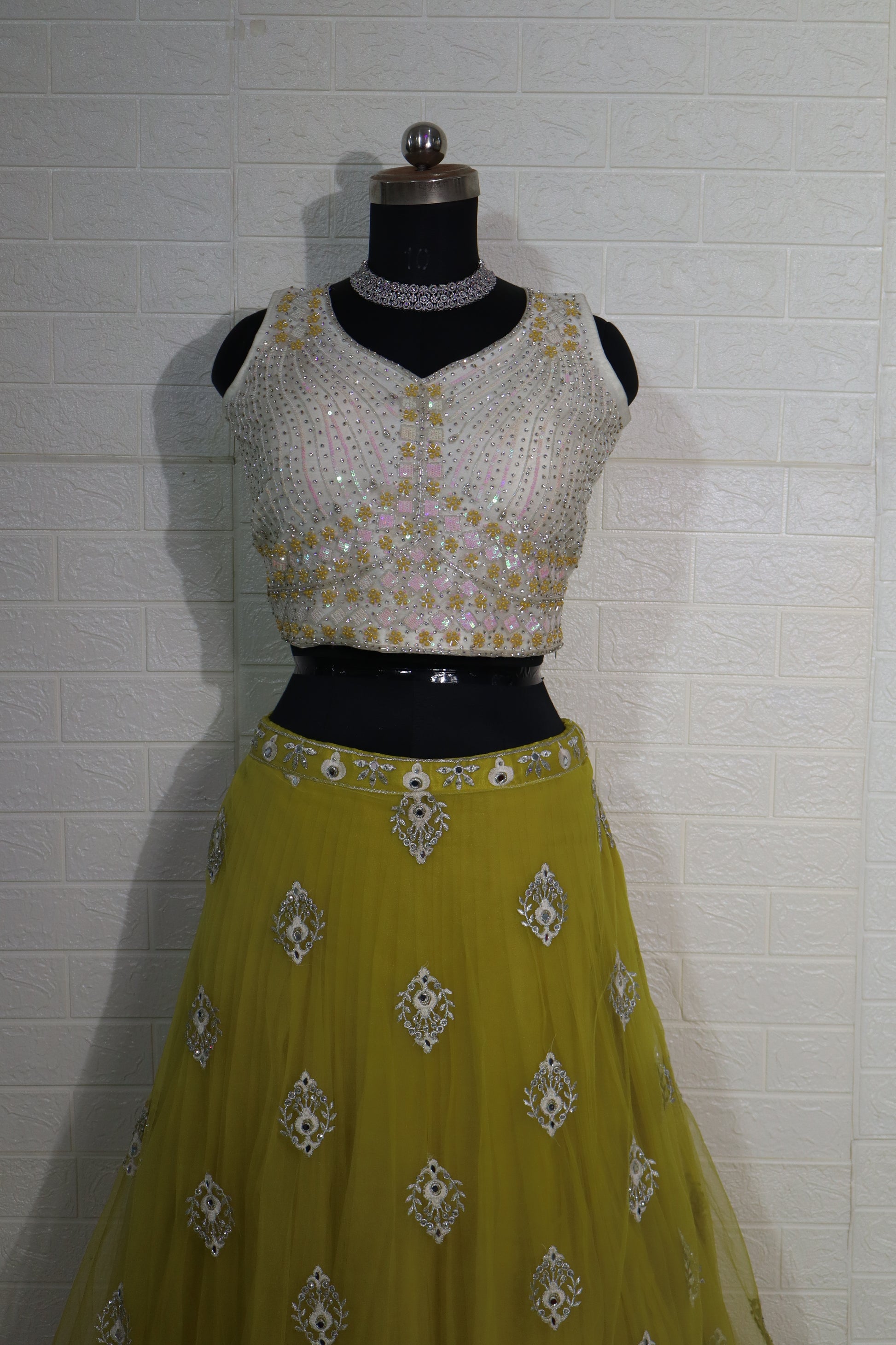 Yellow and White Embellished Lehenga Set