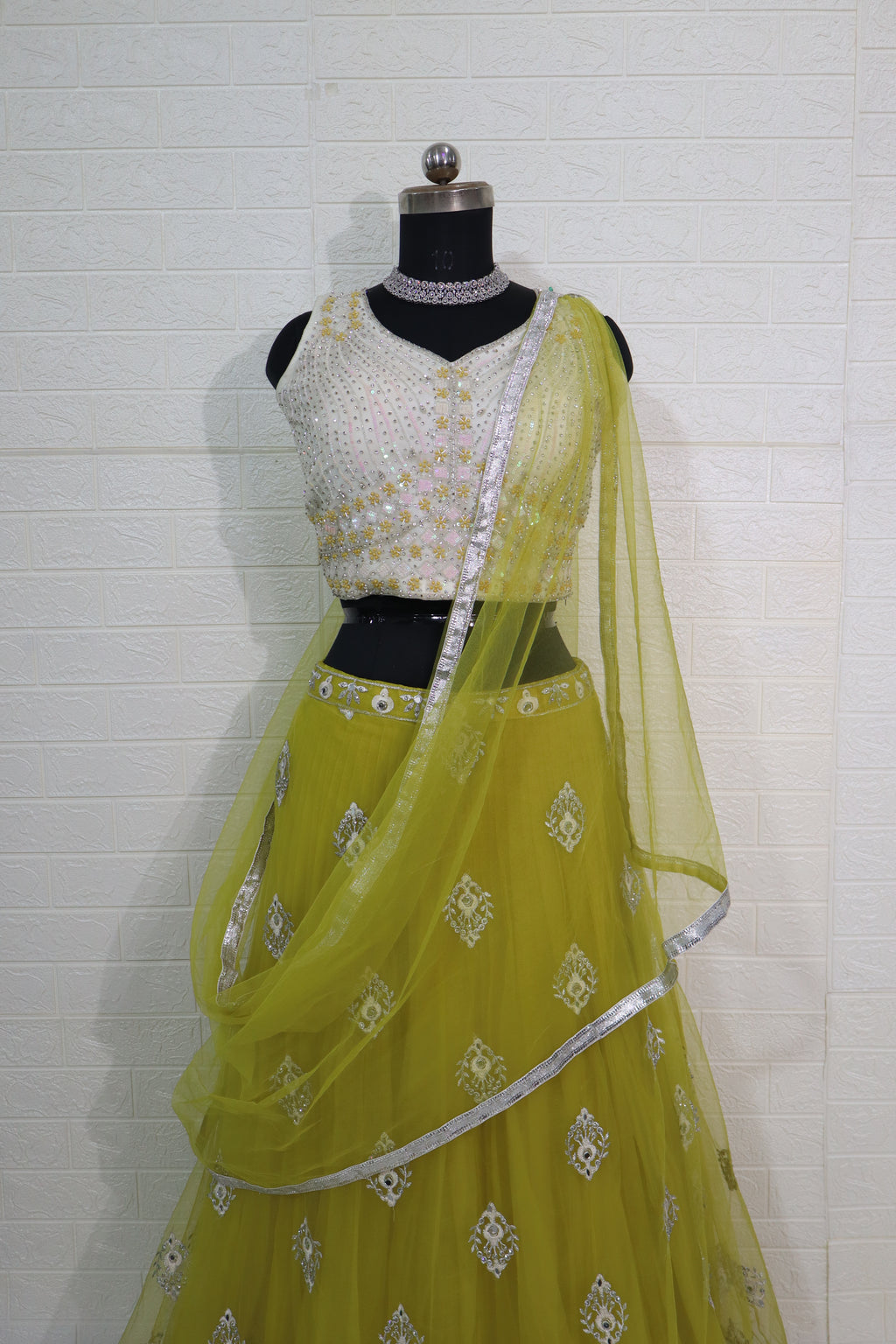 Yellow and White Embellished Lehenga Set