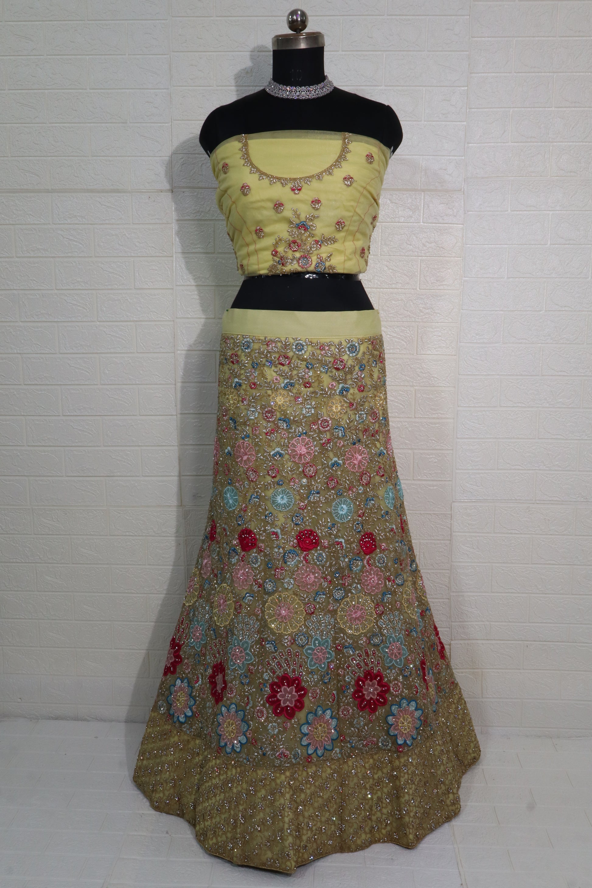 Pastel Floral Embroidered Yellow Lehenga Set