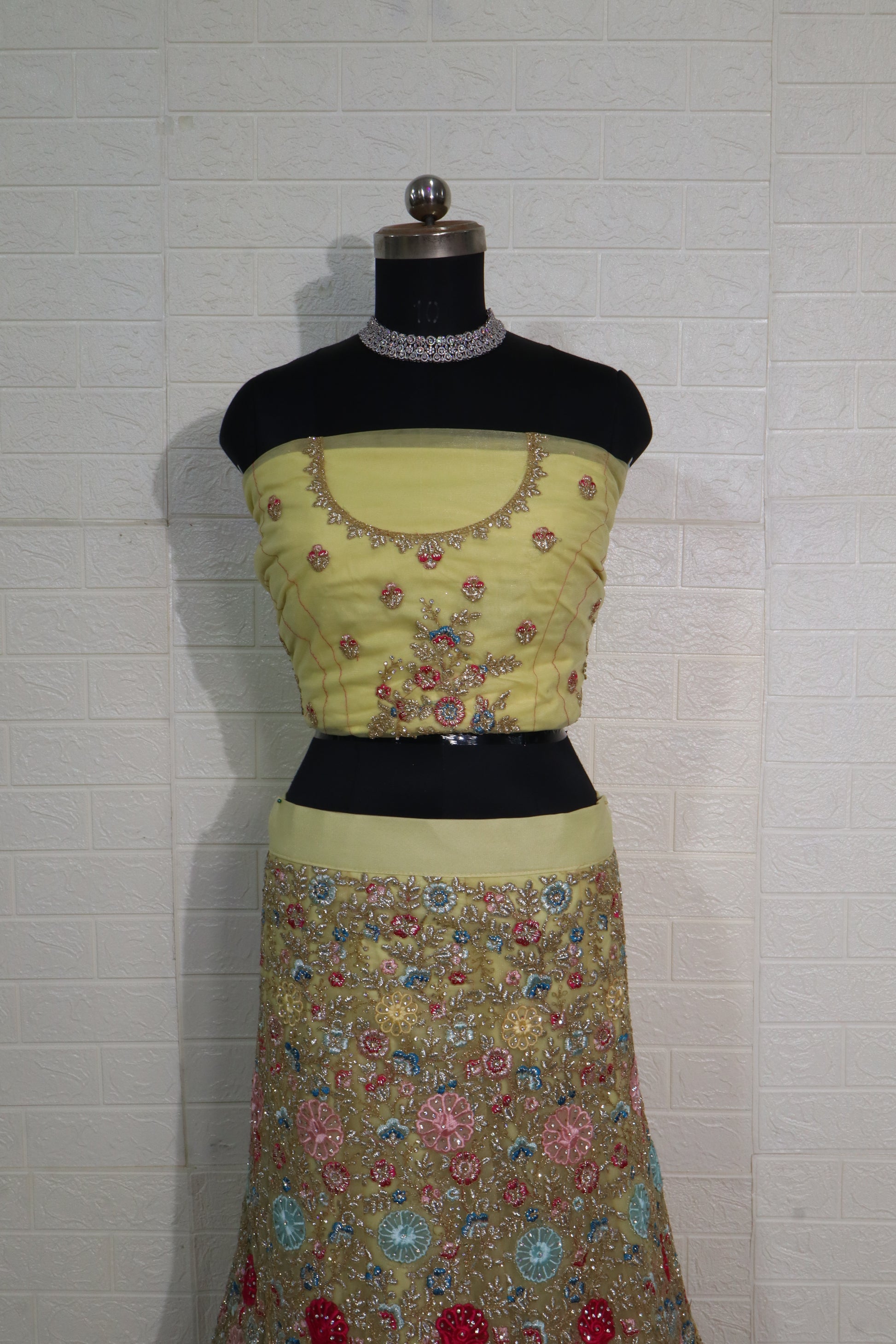 Pastel Floral Embroidered Yellow Lehenga Set