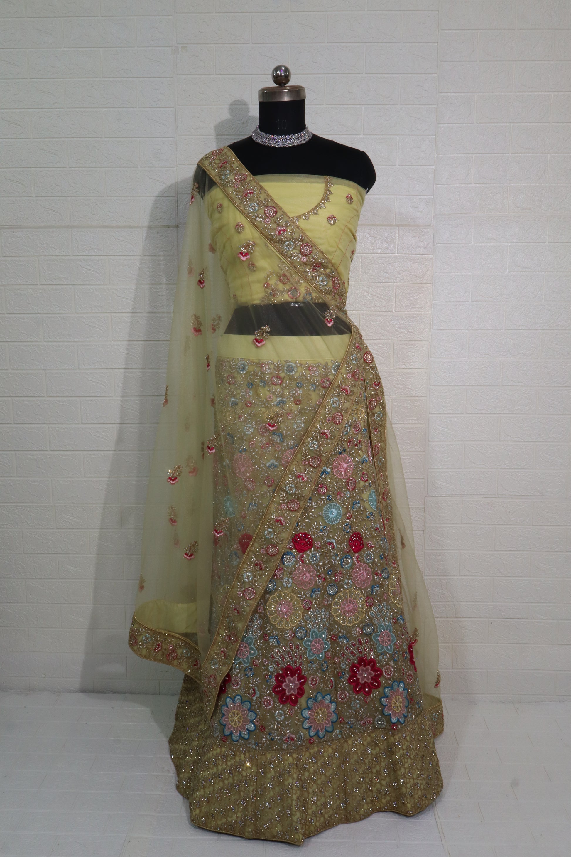 Pastel Floral Embroidered Yellow Lehenga Set