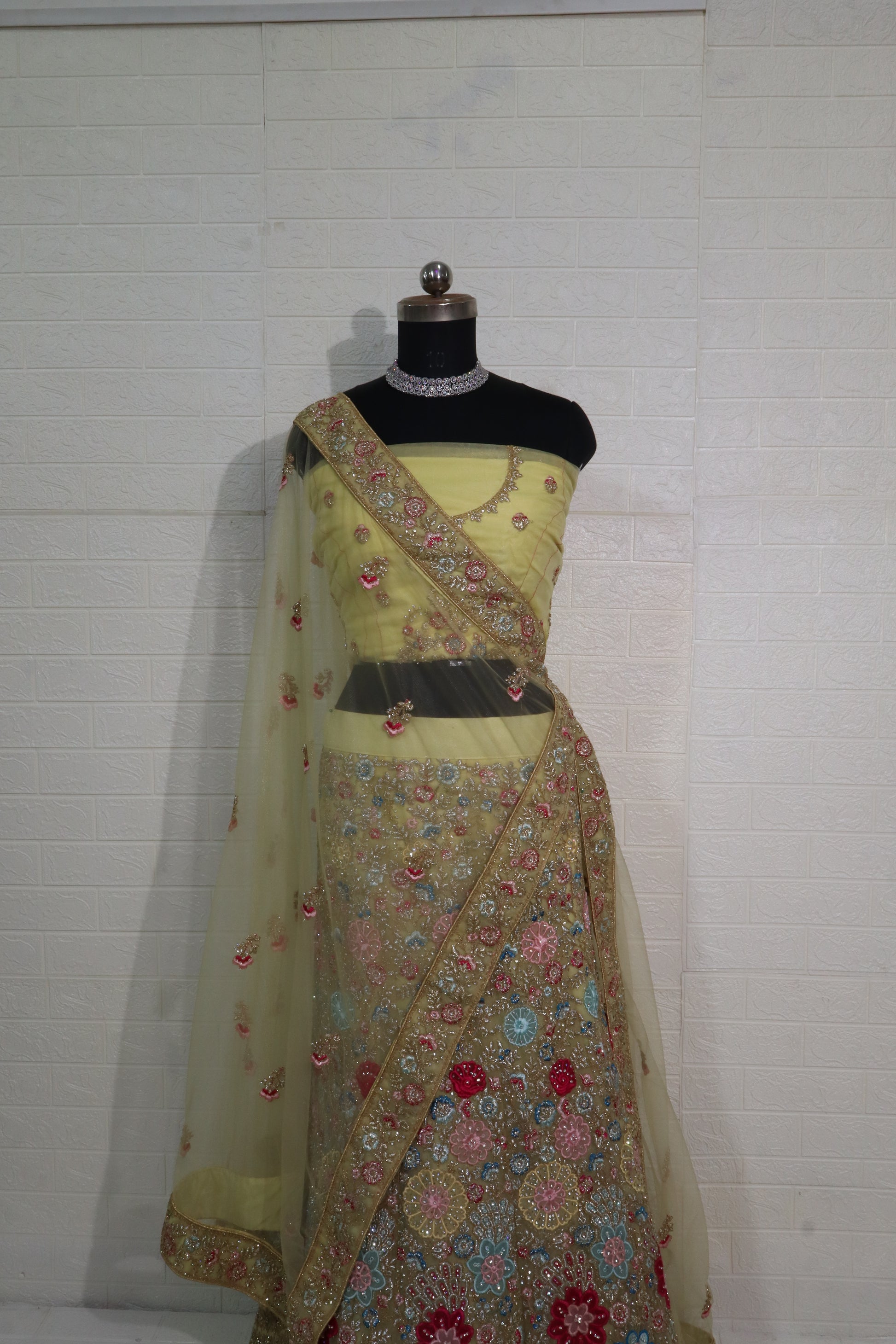 Pastel Floral Embroidered Yellow Lehenga Set