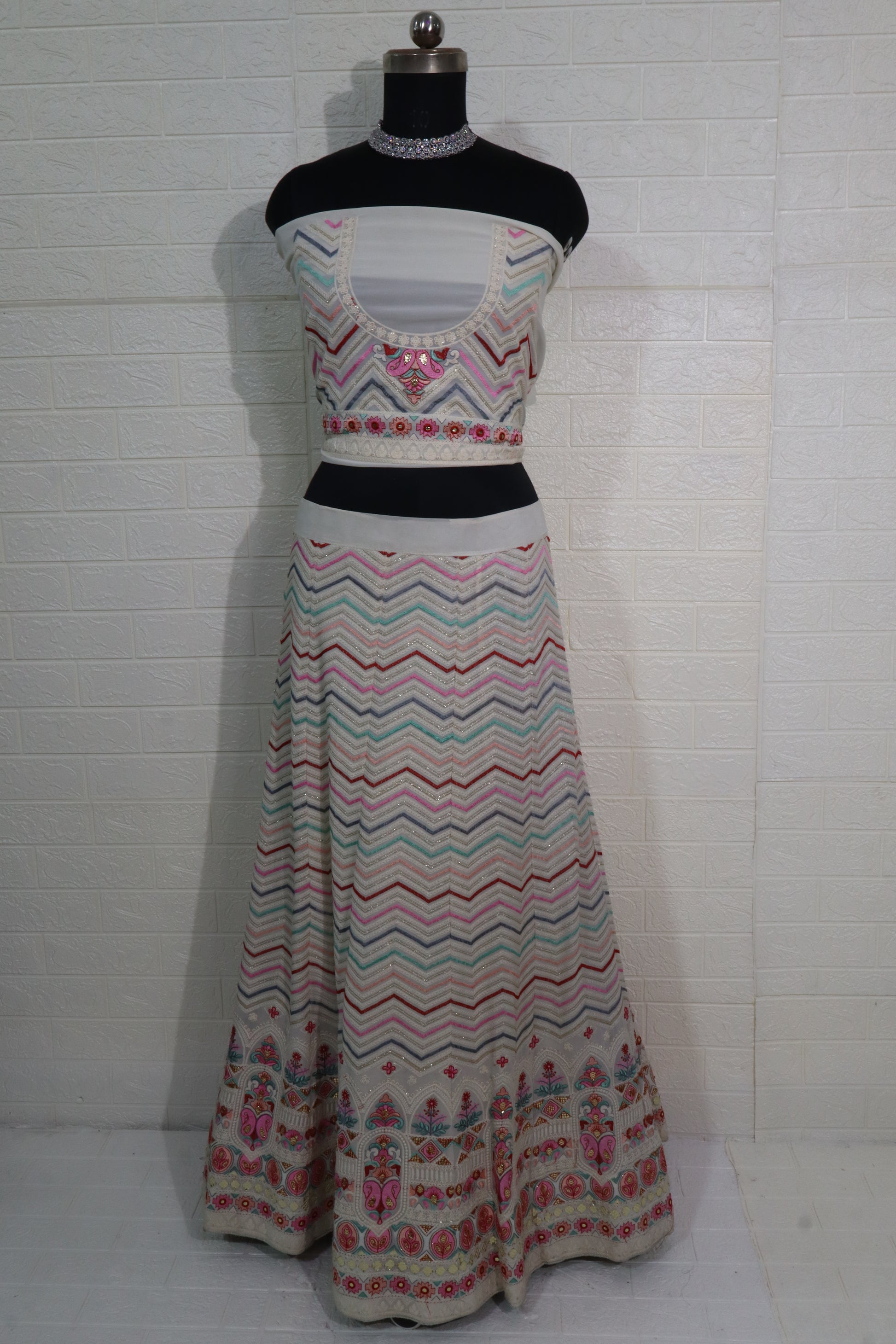 Pastel Chevron & Floral Embroidered Lehenga Set