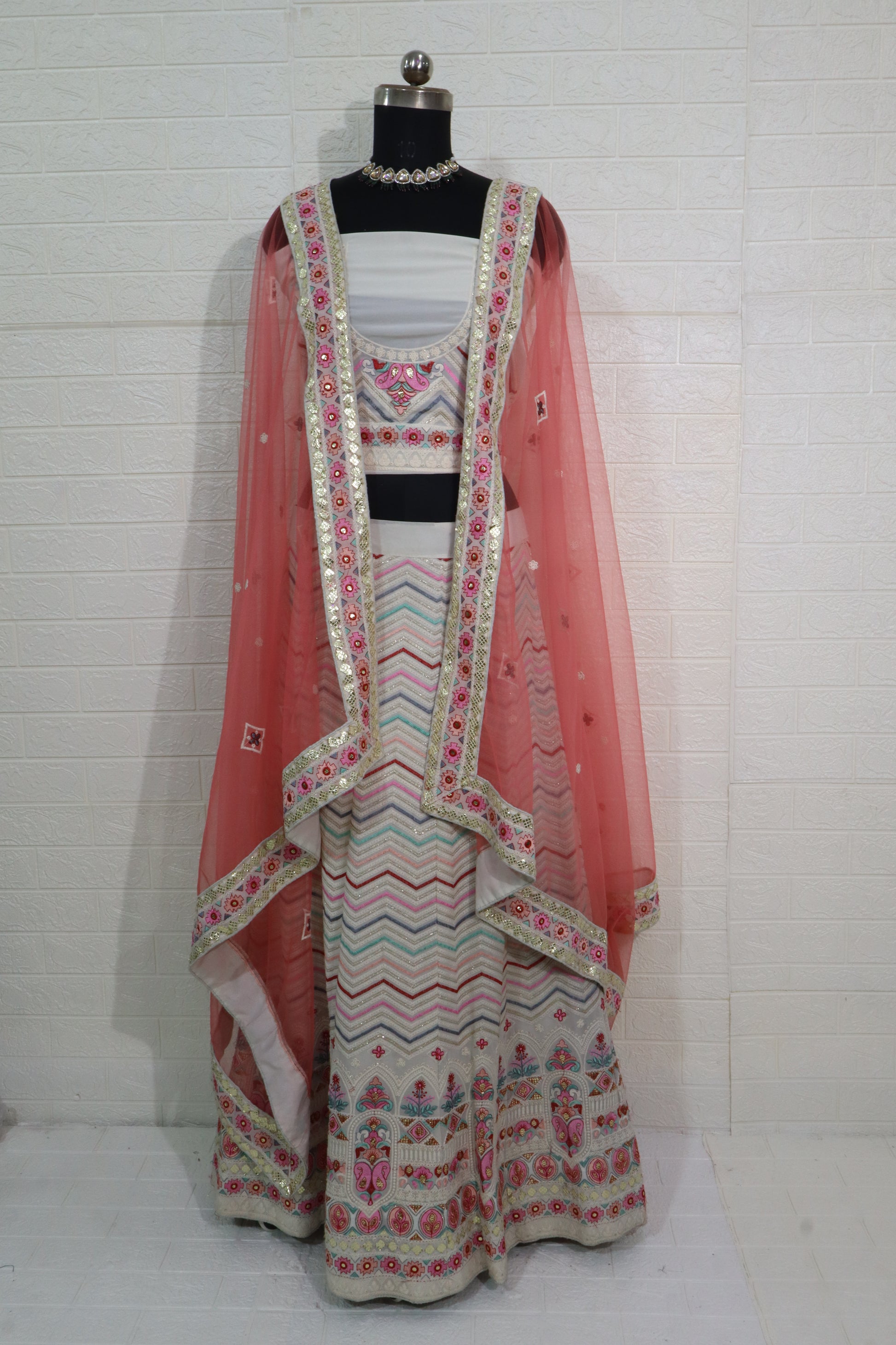 Pastel Chevron & Floral Embroidered Lehenga Set
