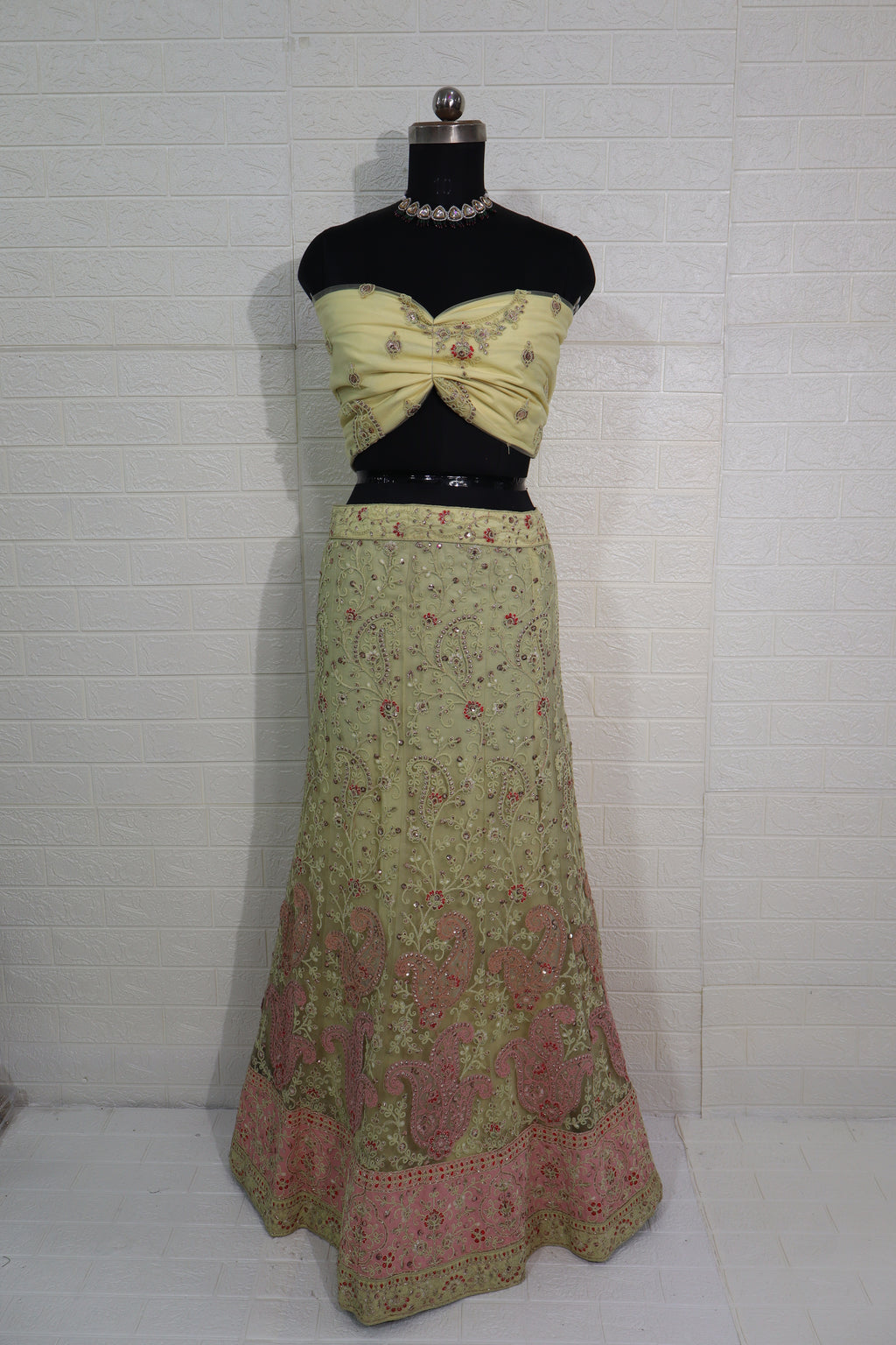 Lime Yellow & Pink Embroidered Lehenga Set