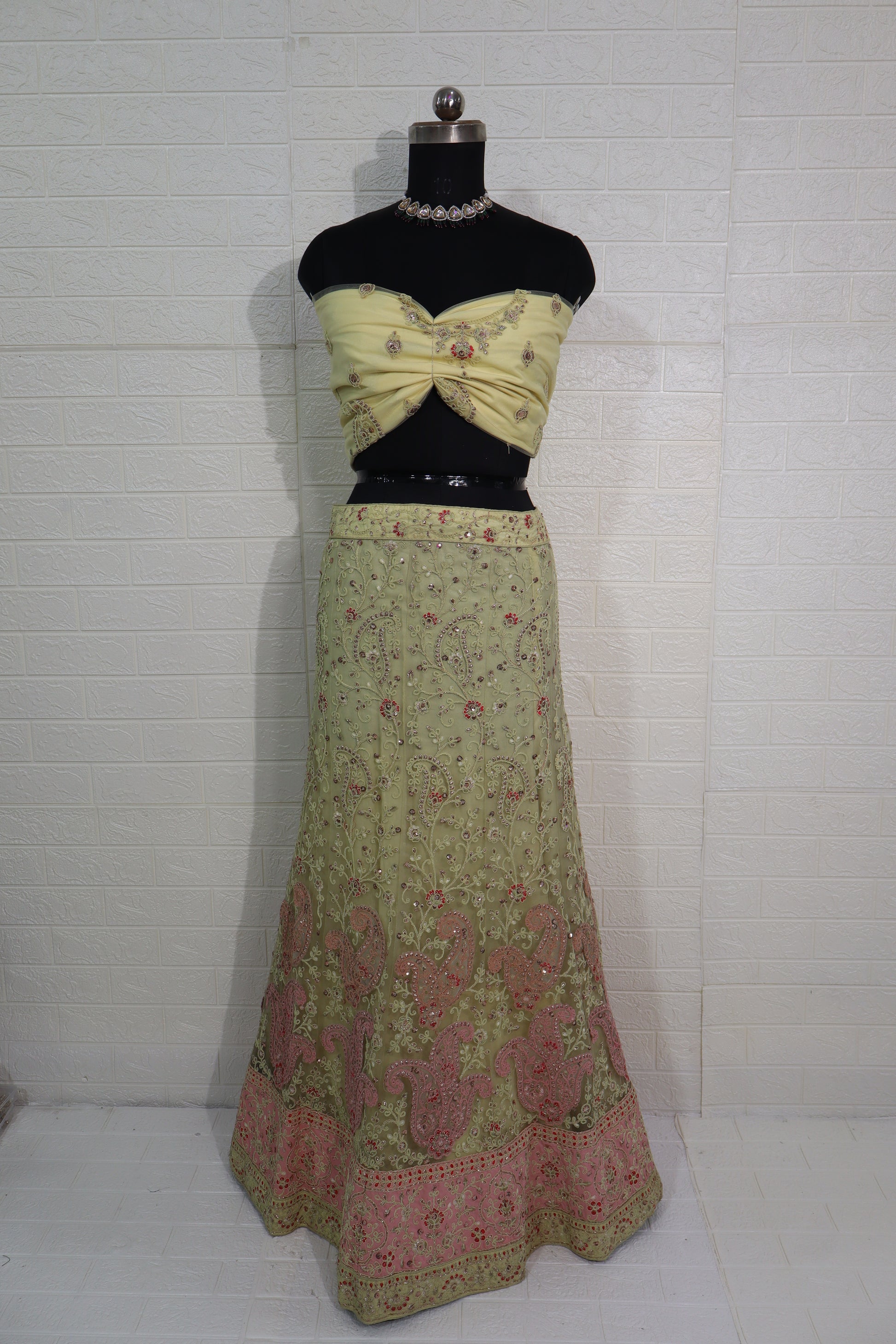 Lime Yellow & Pink Embroidered Lehenga Set