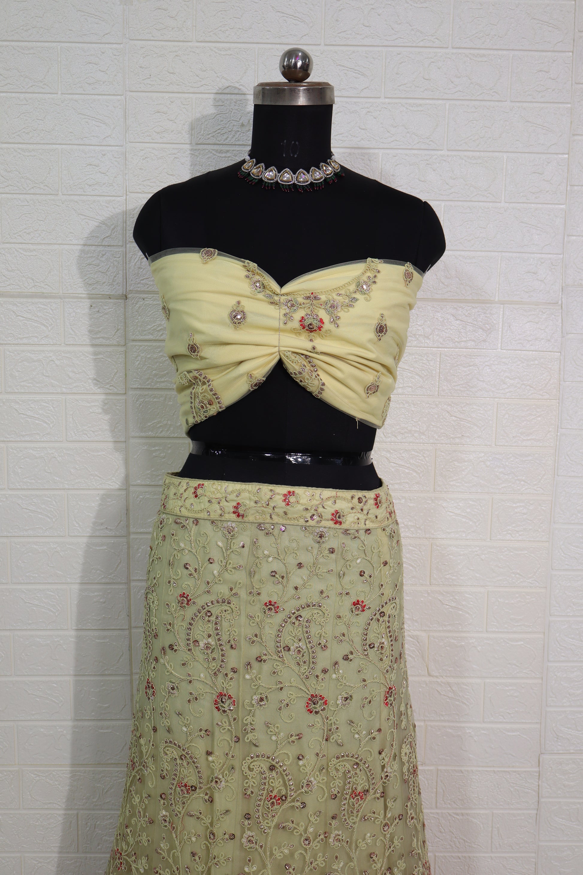 Lime Yellow & Pink Embroidered Lehenga Set