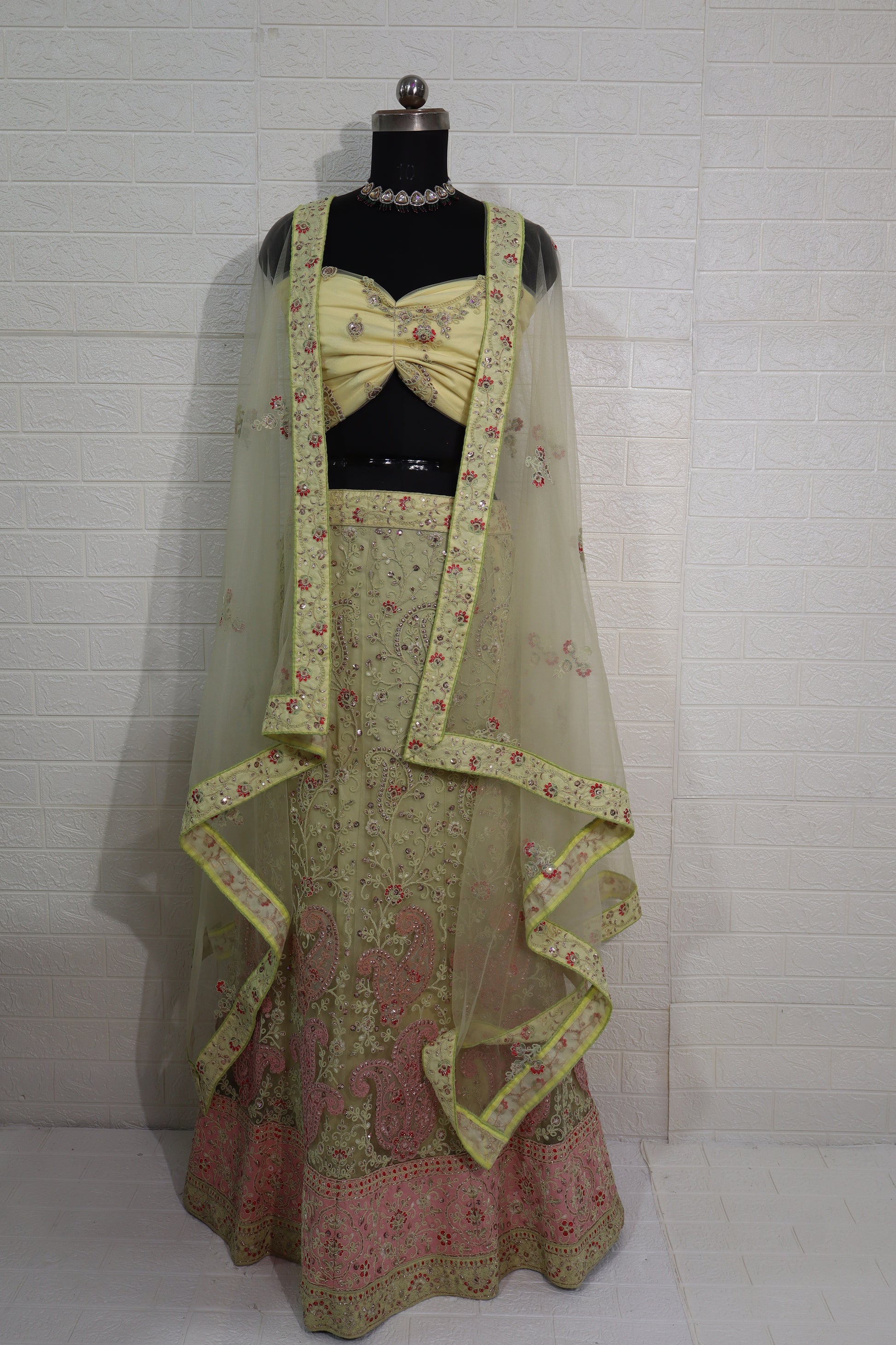 Lime Yellow & Pink Embroidered Lehenga Set