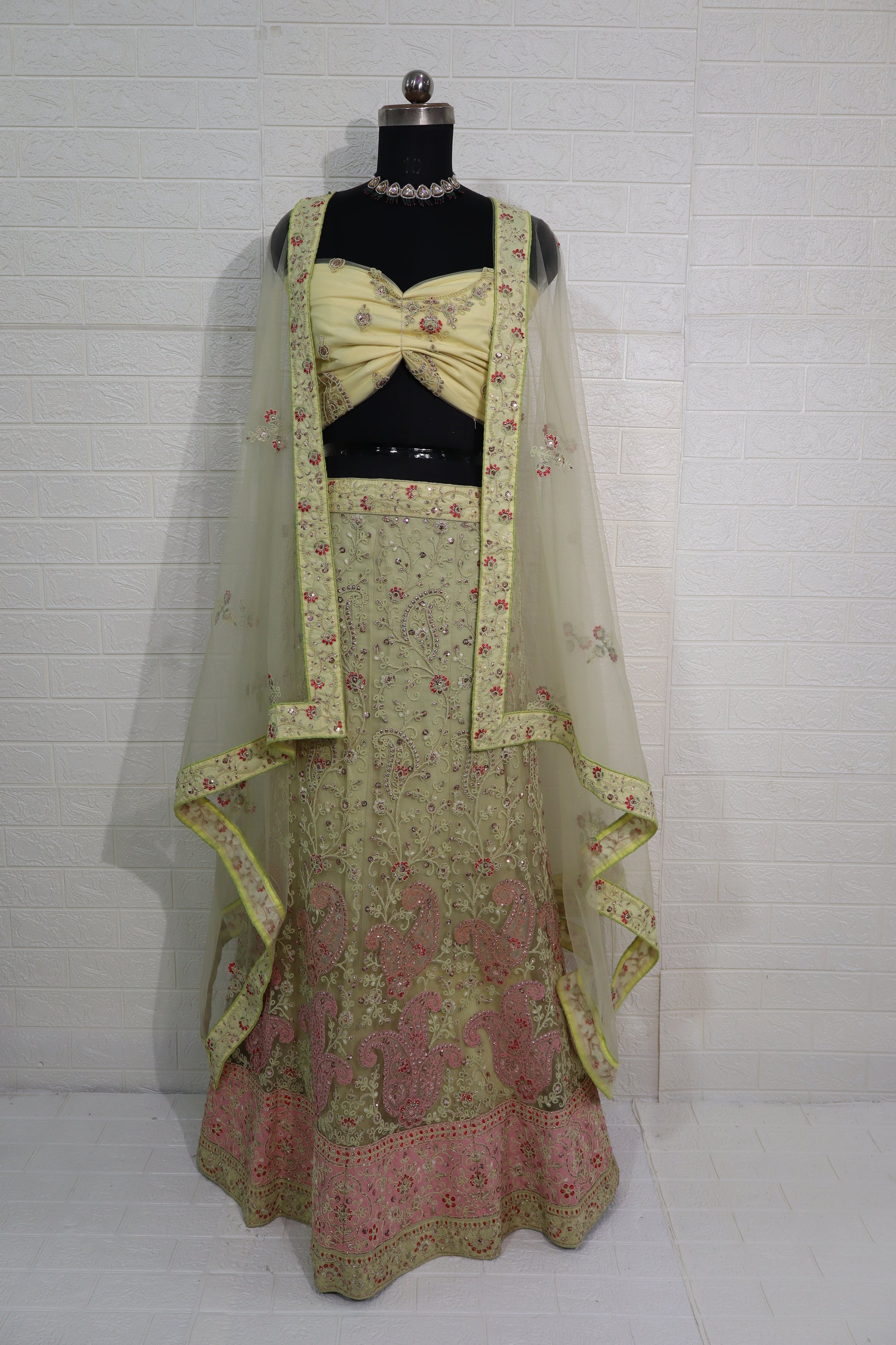 Lime Yellow & Pink Embroidered Lehenga Set