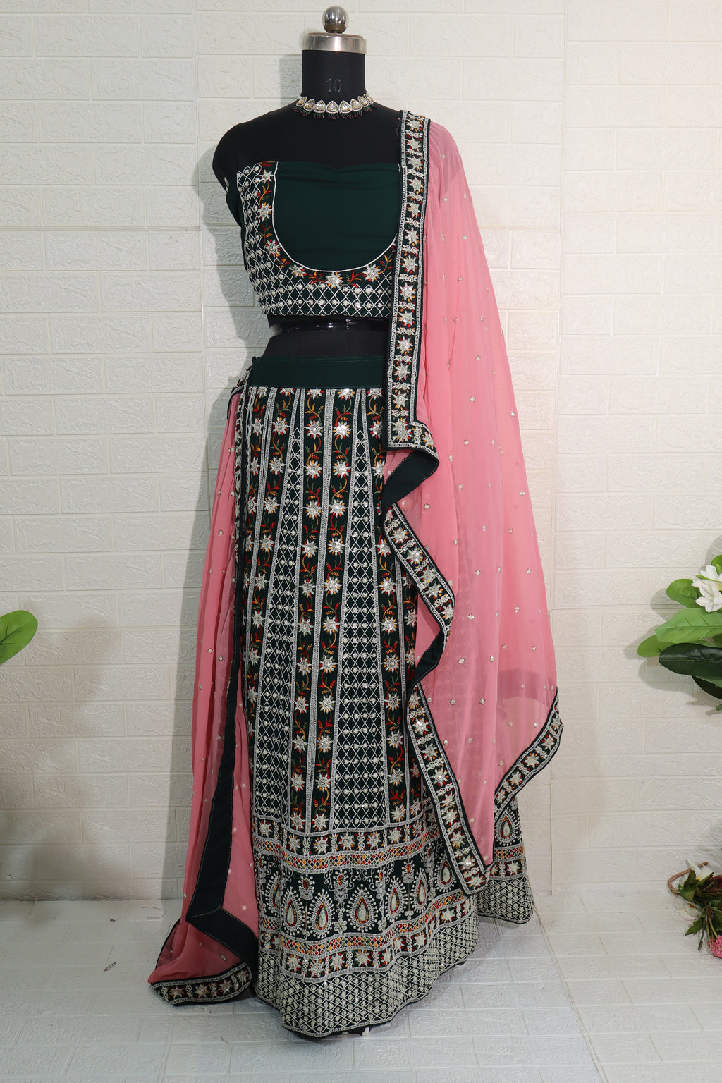 Embroidered Bottle Green Lehenga Choli with Pink Dupatta