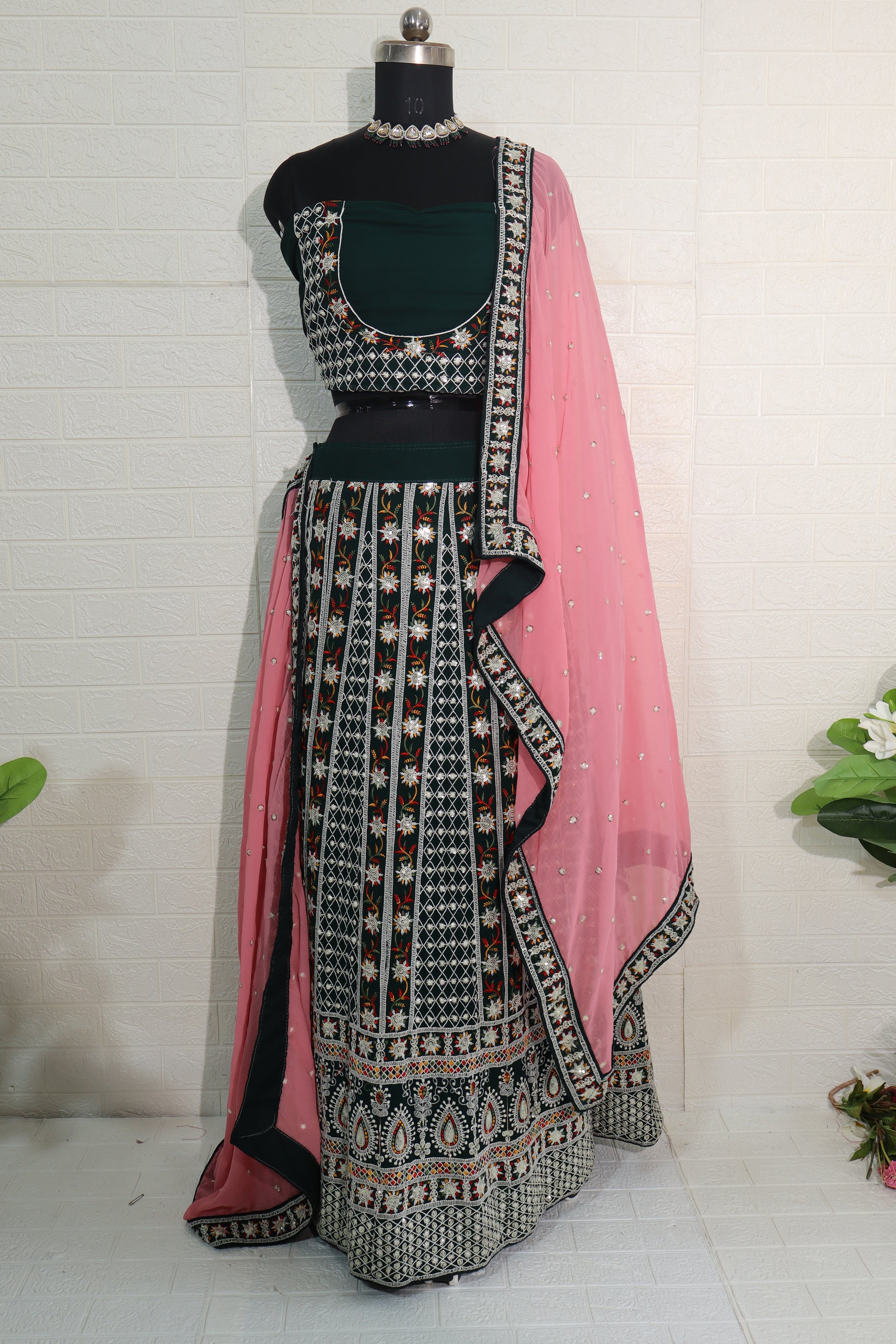 Embroidered Bottle Green Lehenga Choli with Pink Dupatta
