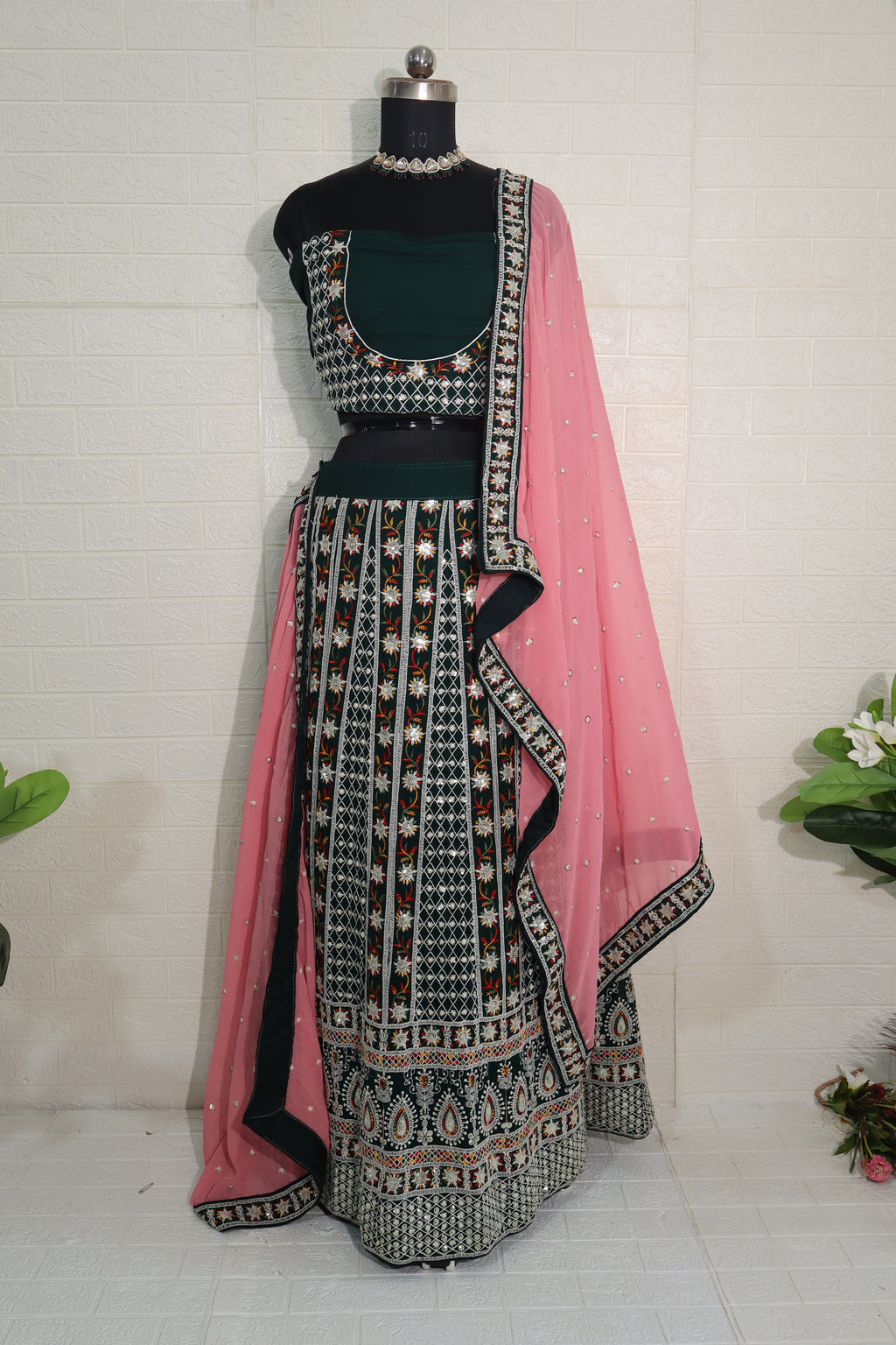 Embroidered Bottle Green Lehenga Choli with Pink Dupatta