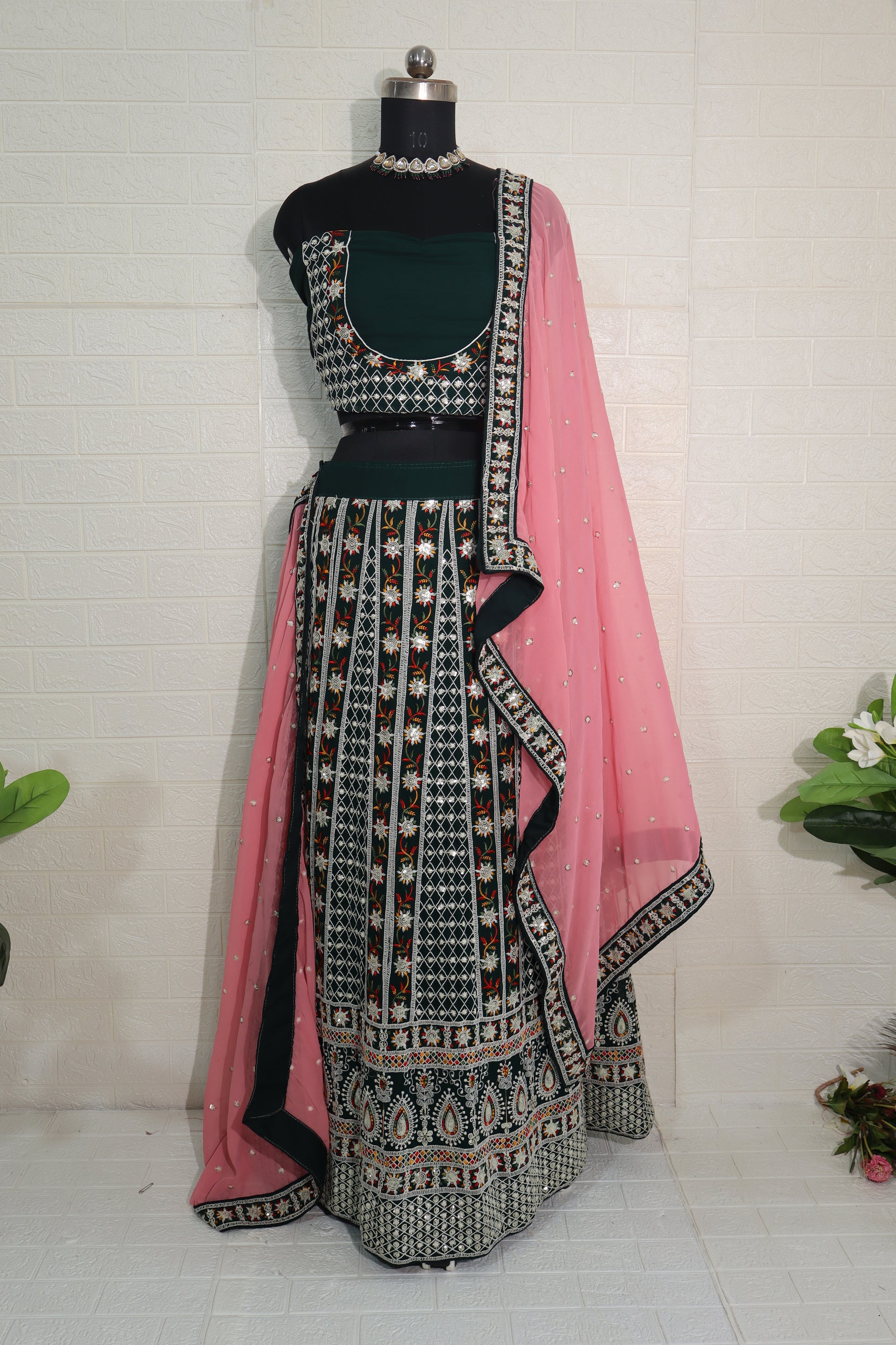 Embroidered Bottle Green Lehenga Choli with Pink Dupatta