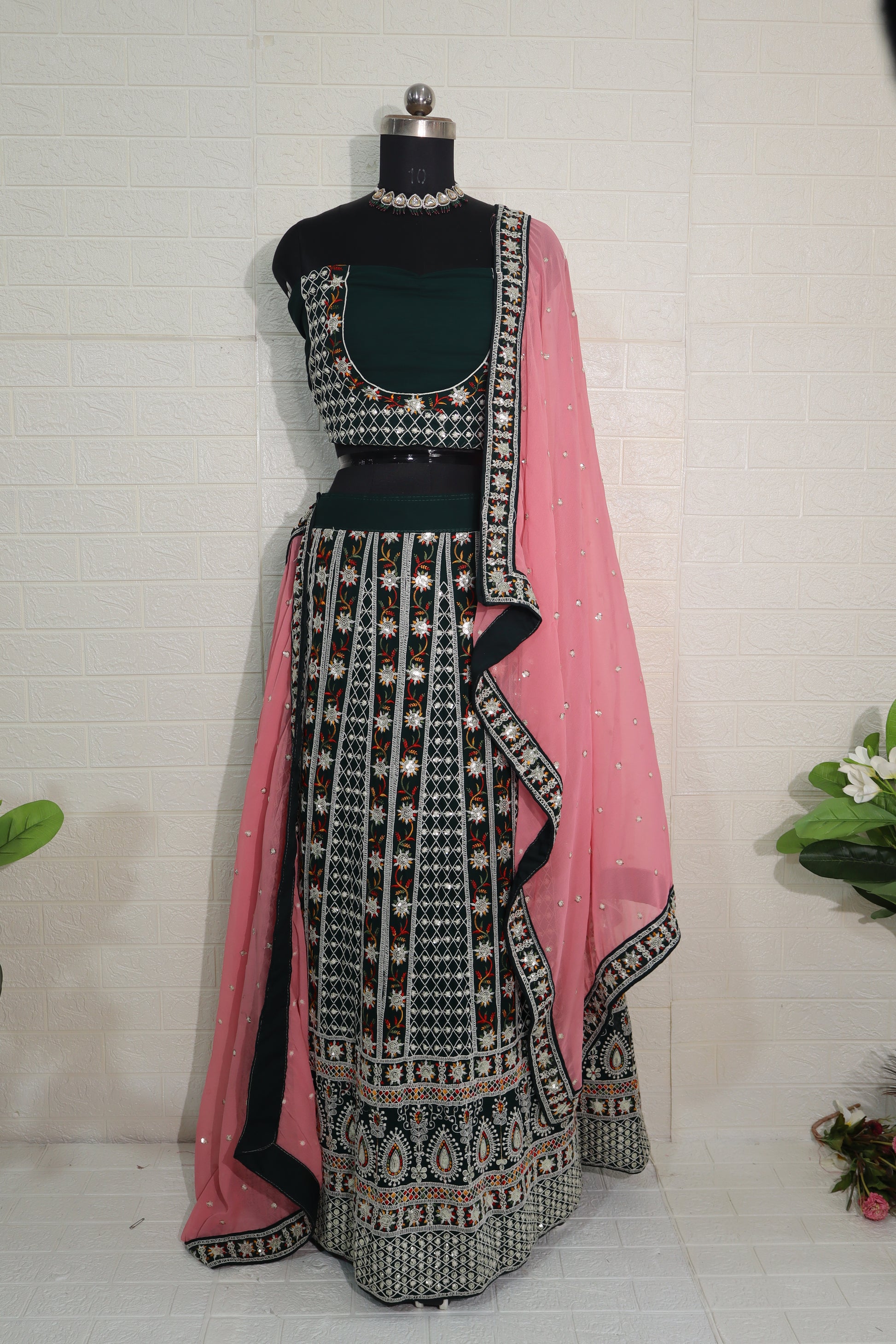 Embroidered Bottle Green Lehenga Choli with Pink Dupatta