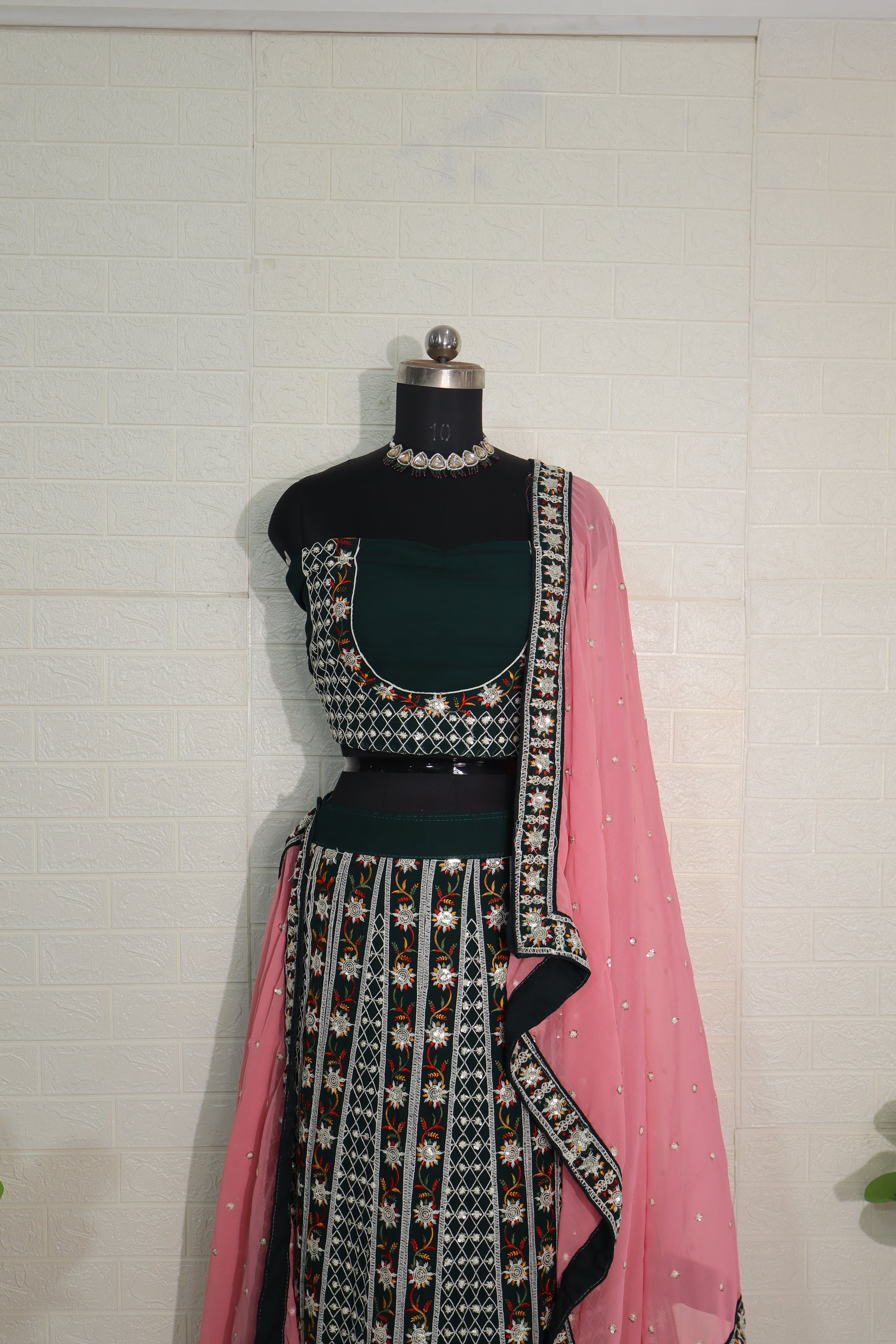 Embroidered Bottle Green Lehenga Choli with Pink Dupatta