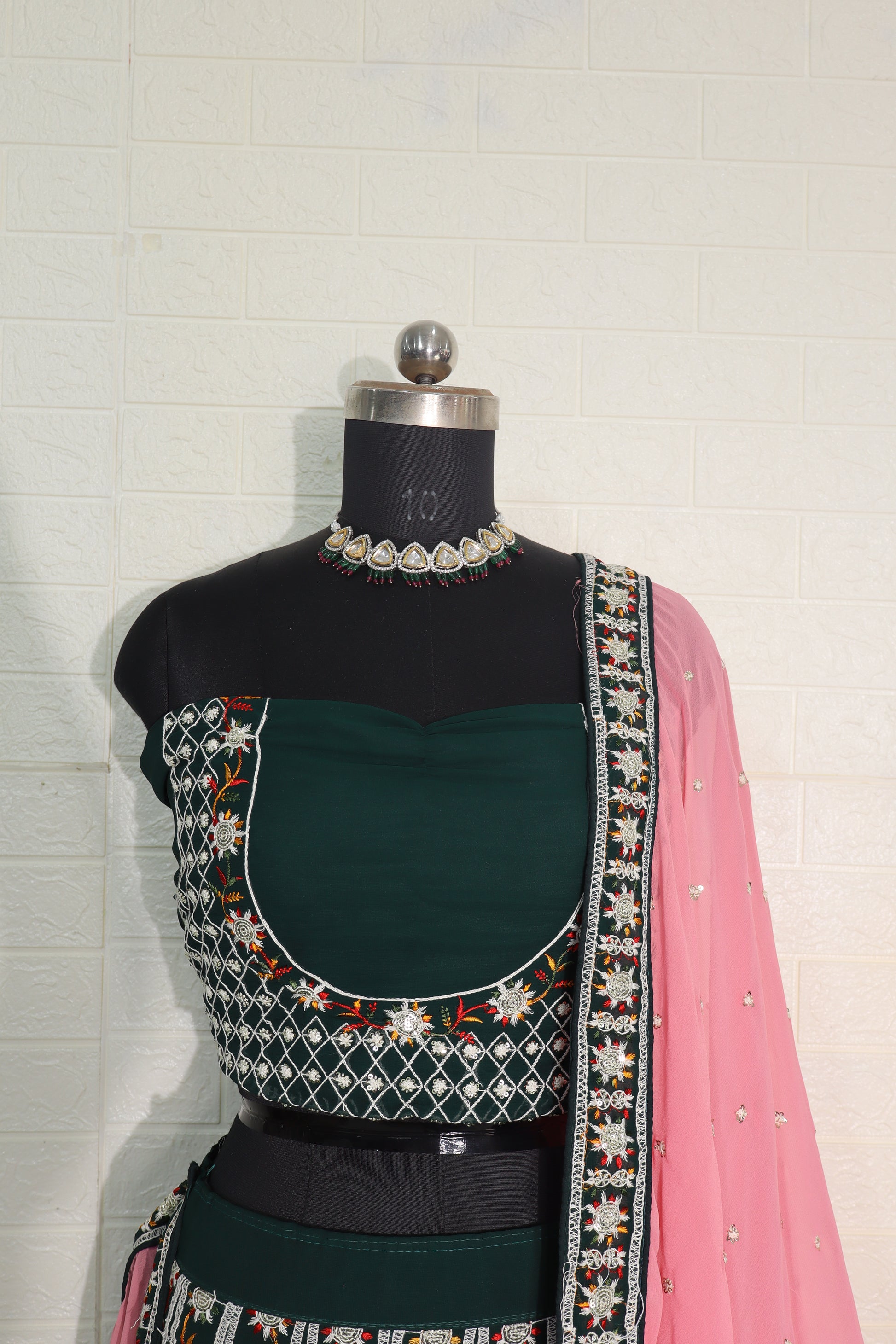 Embroidered Bottle Green Lehenga Choli with Pink Dupatta