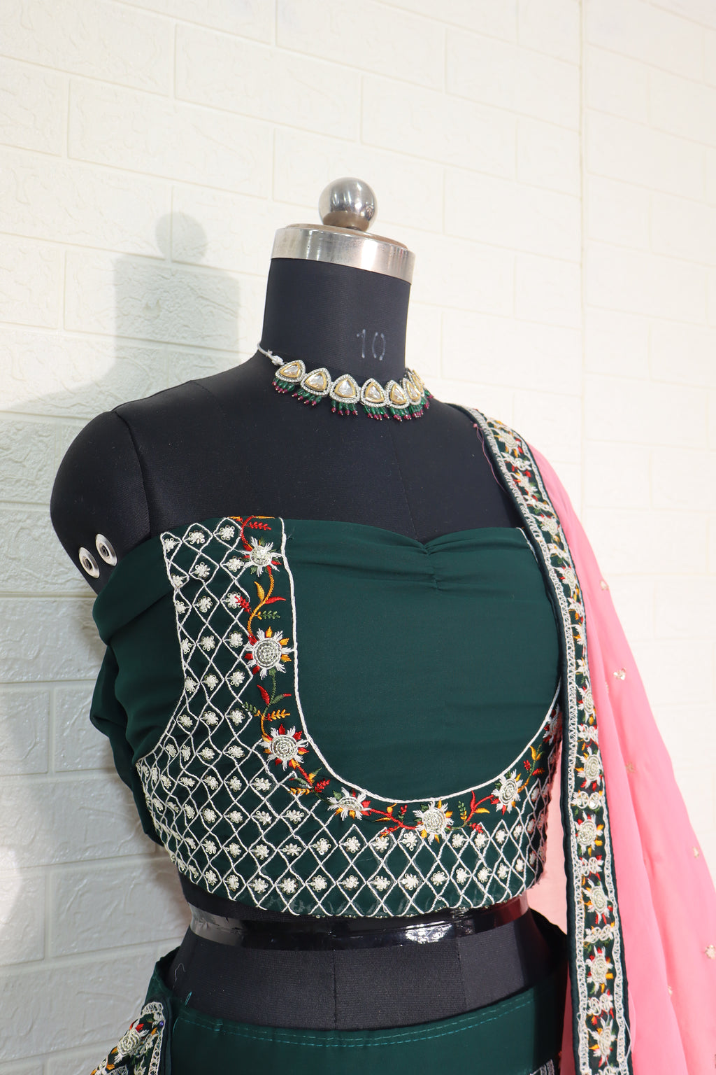 Embroidered Bottle Green Lehenga Choli with Pink Dupatta