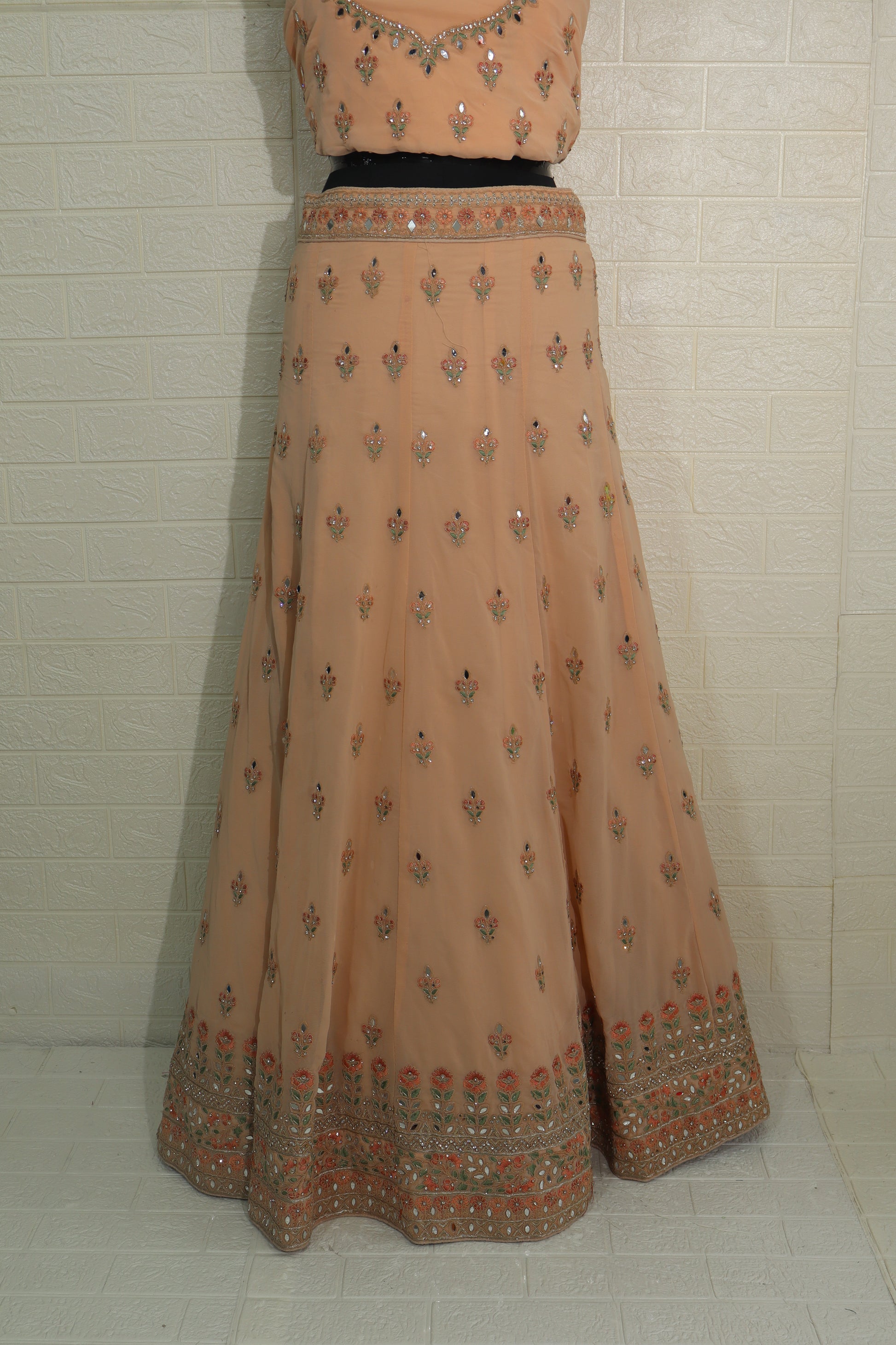 Peach Net Embroidered Lehenga Choli with Floral Detailing