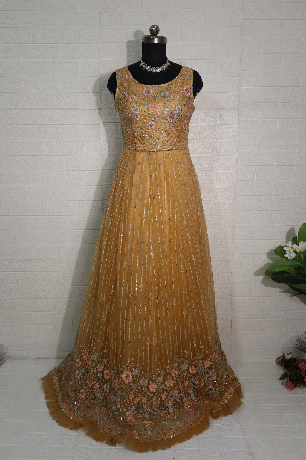 Golden Mustard Embroidered Net Anarkali Gown