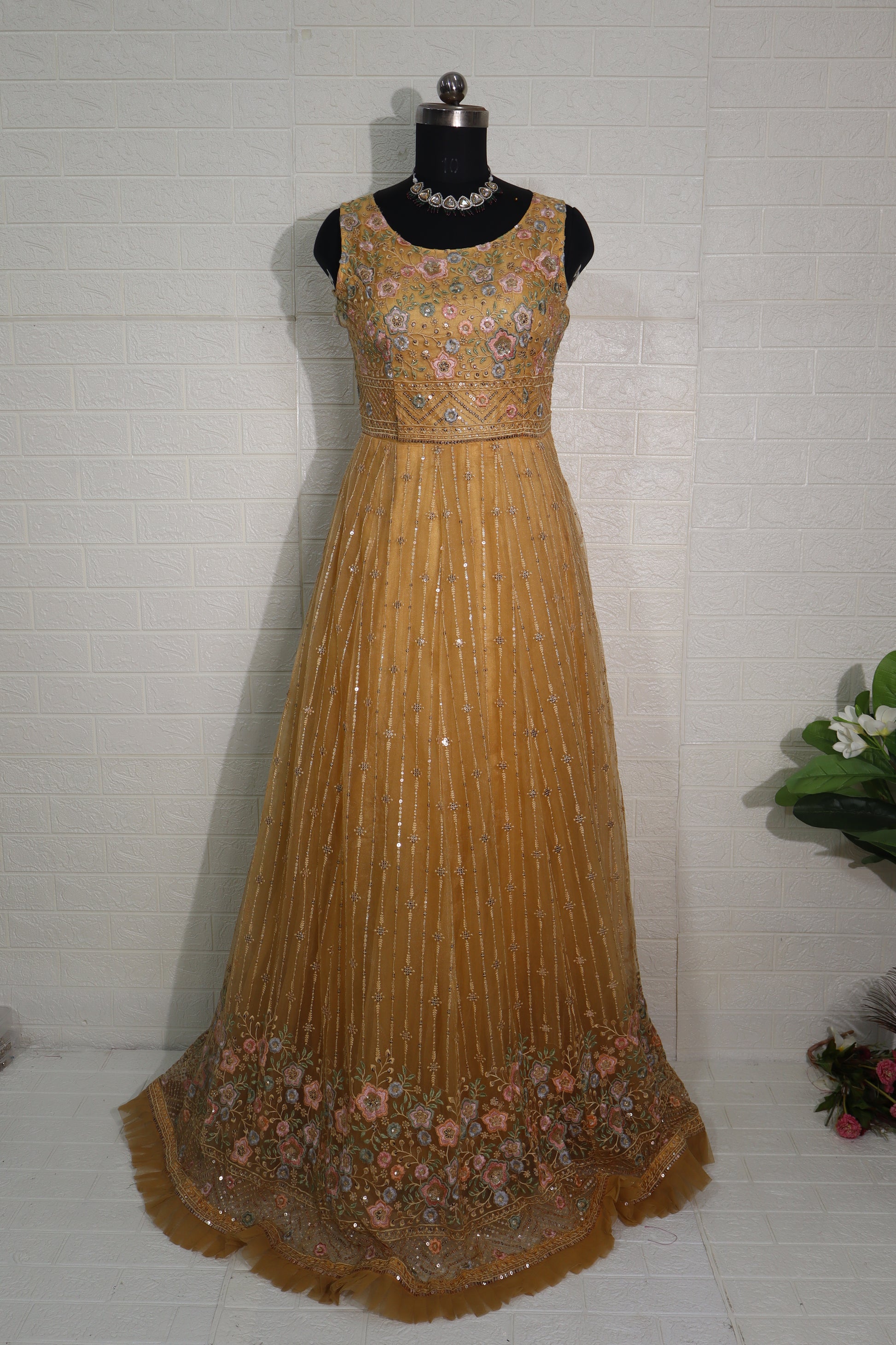 Golden Mustard Embroidered Net Anarkali Gown