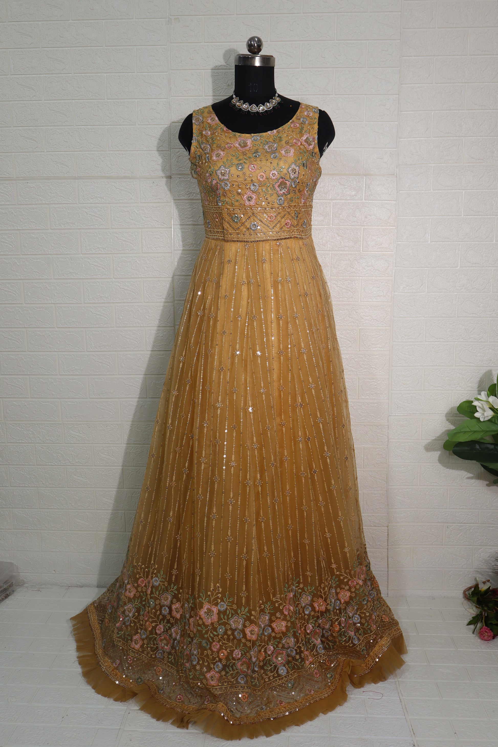 Golden Mustard Embroidered Net Anarkali Gown