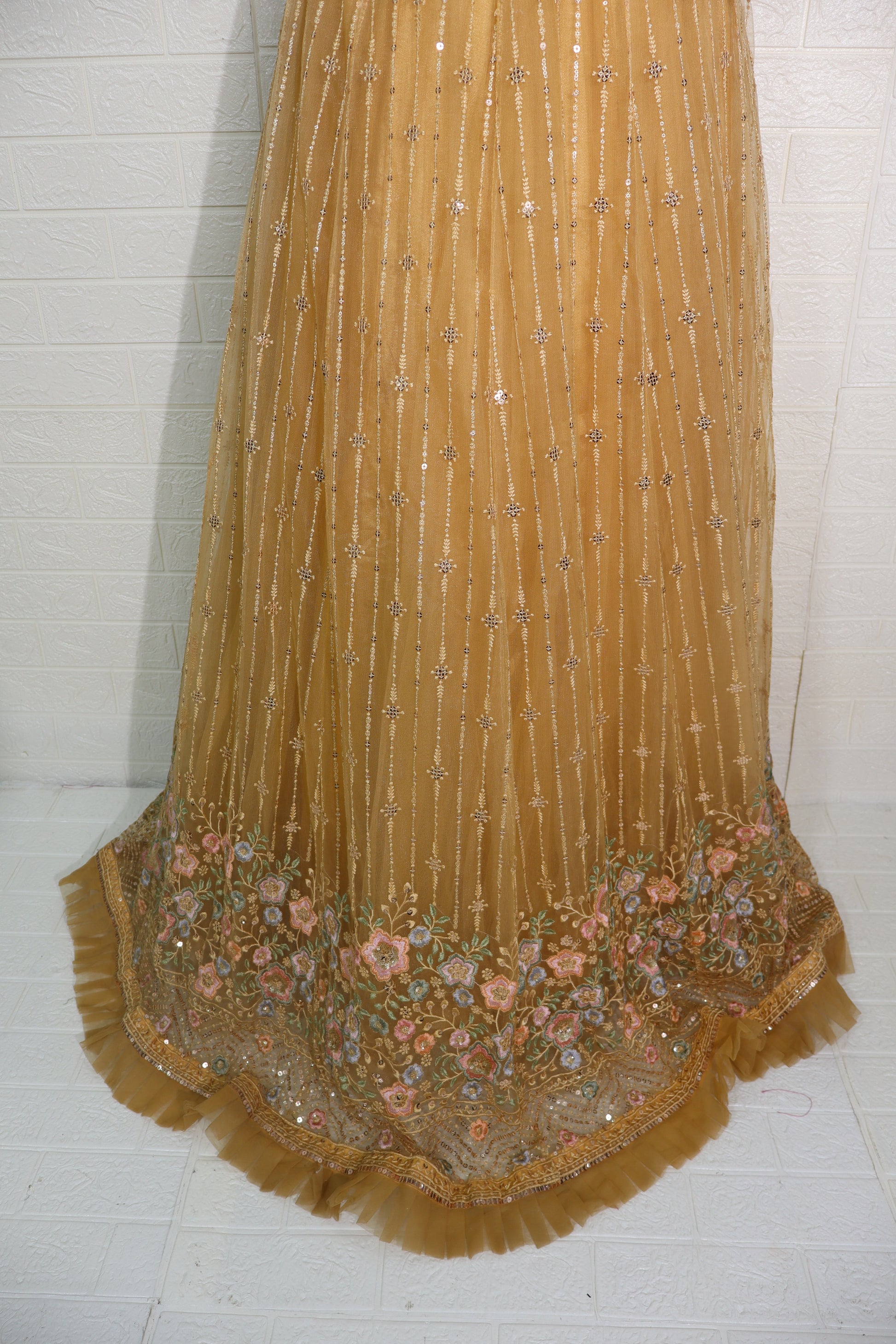 Golden Mustard Embroidered Net Anarkali Gown