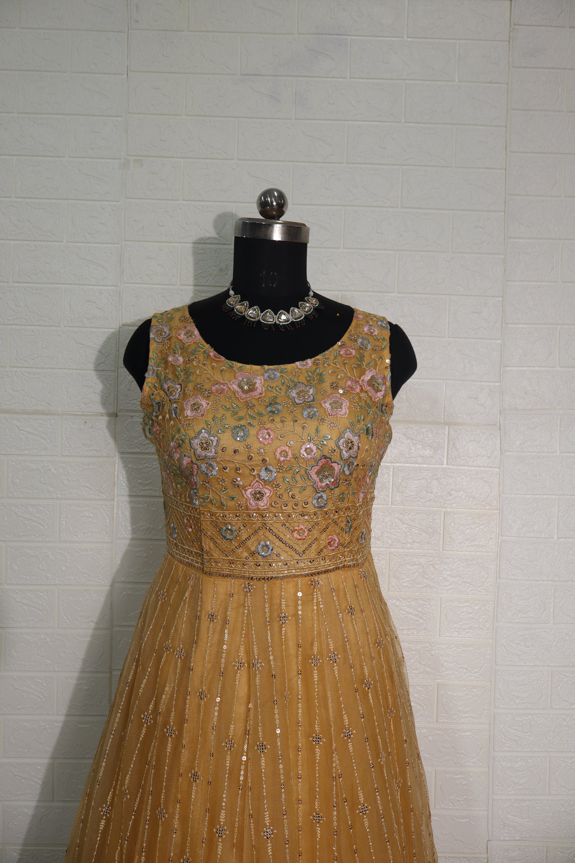 Golden Mustard Embroidered Net Anarkali Gown