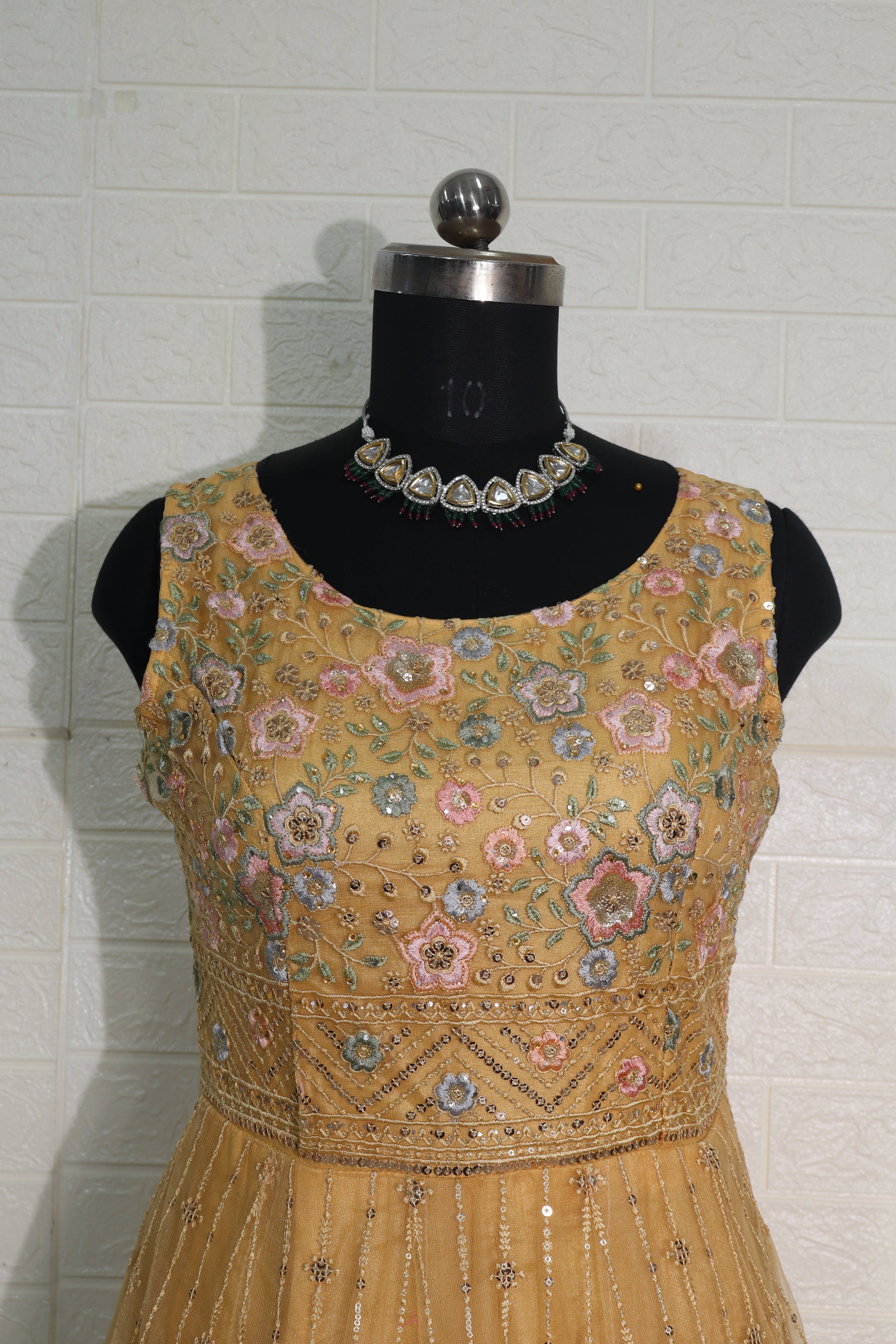 Golden Mustard Embroidered Net Anarkali Gown
