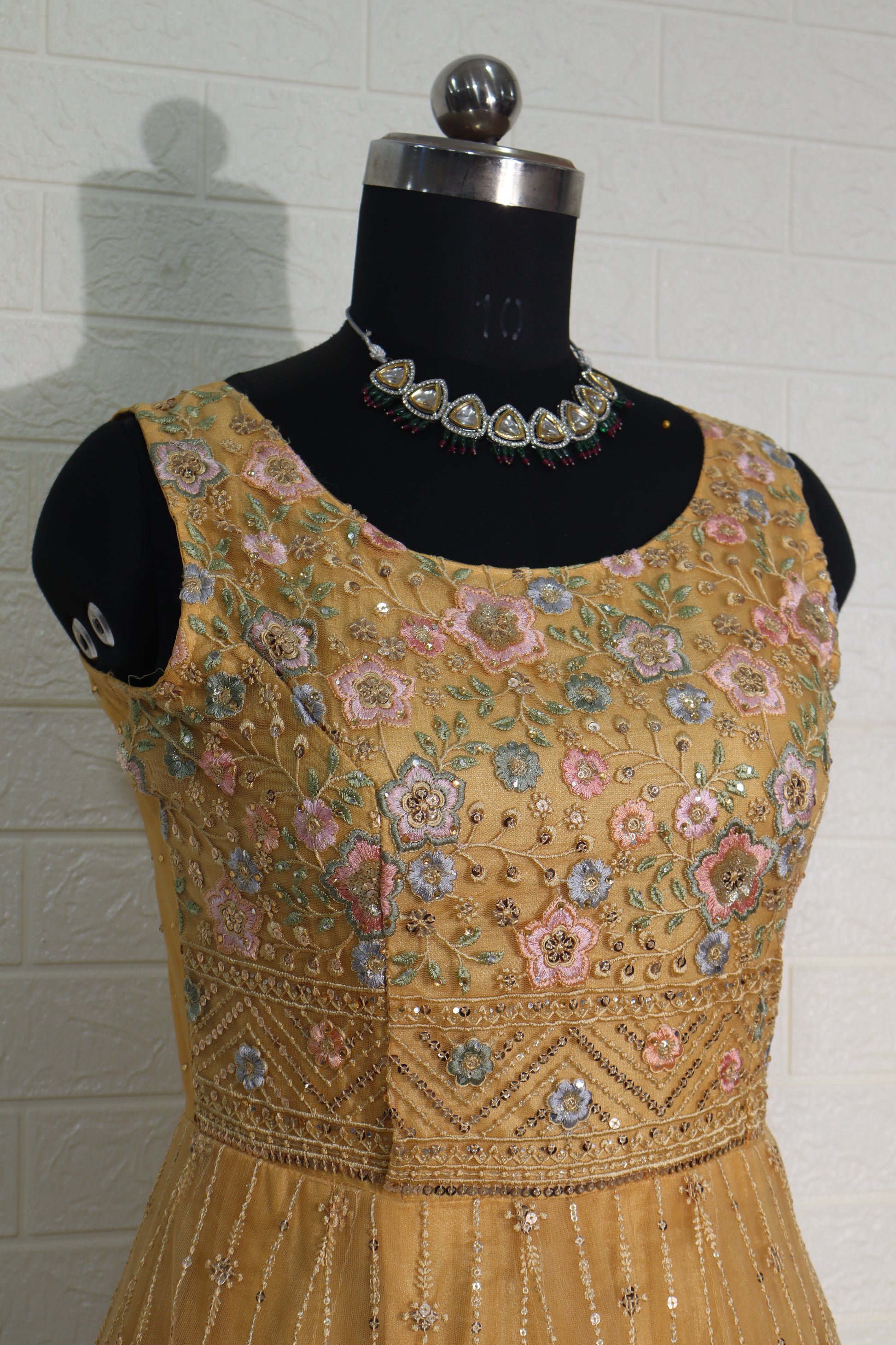 Golden Mustard Embroidered Net Anarkali Gown