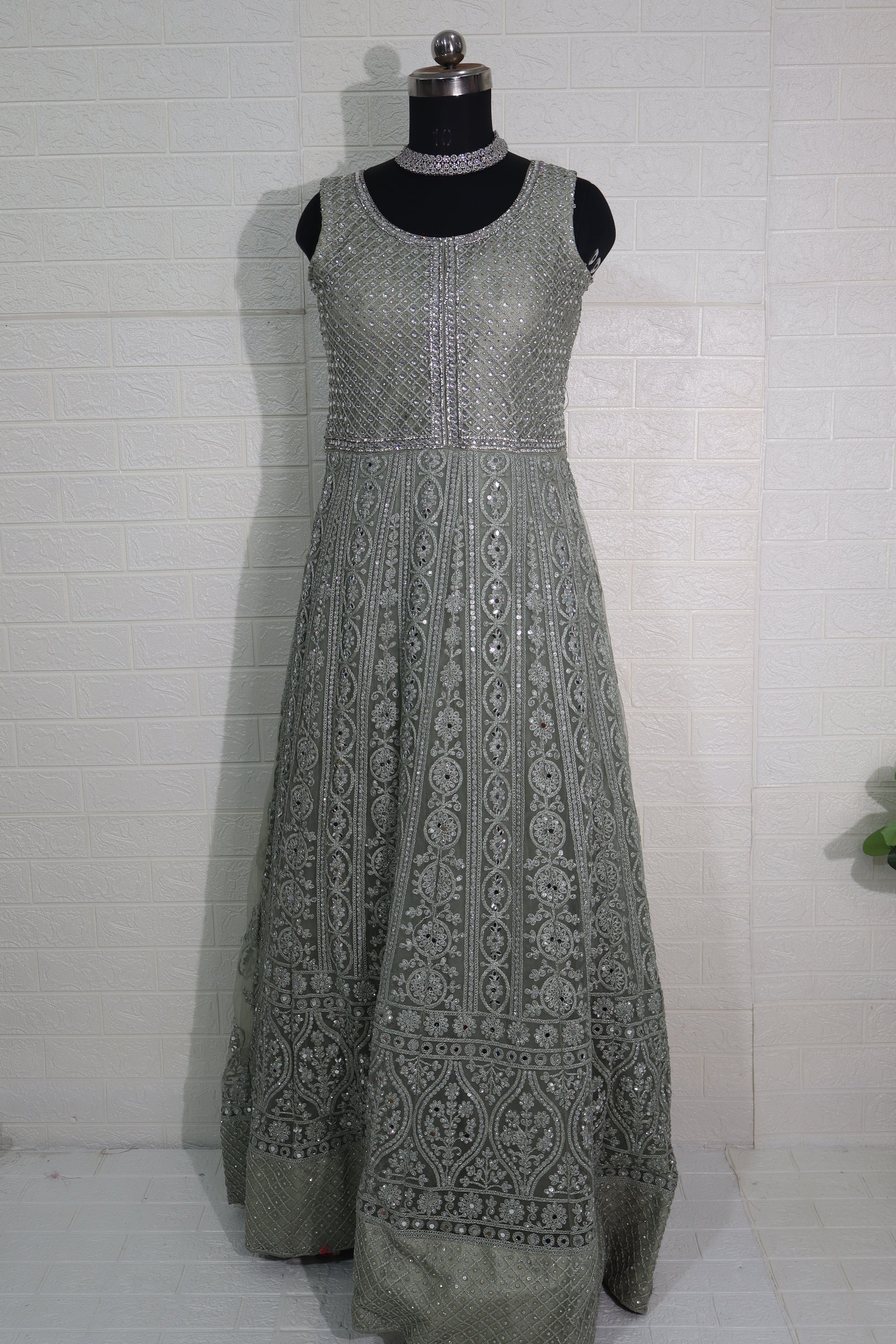 Olive Green Sleeveless Mirror Work Anarkali Gown