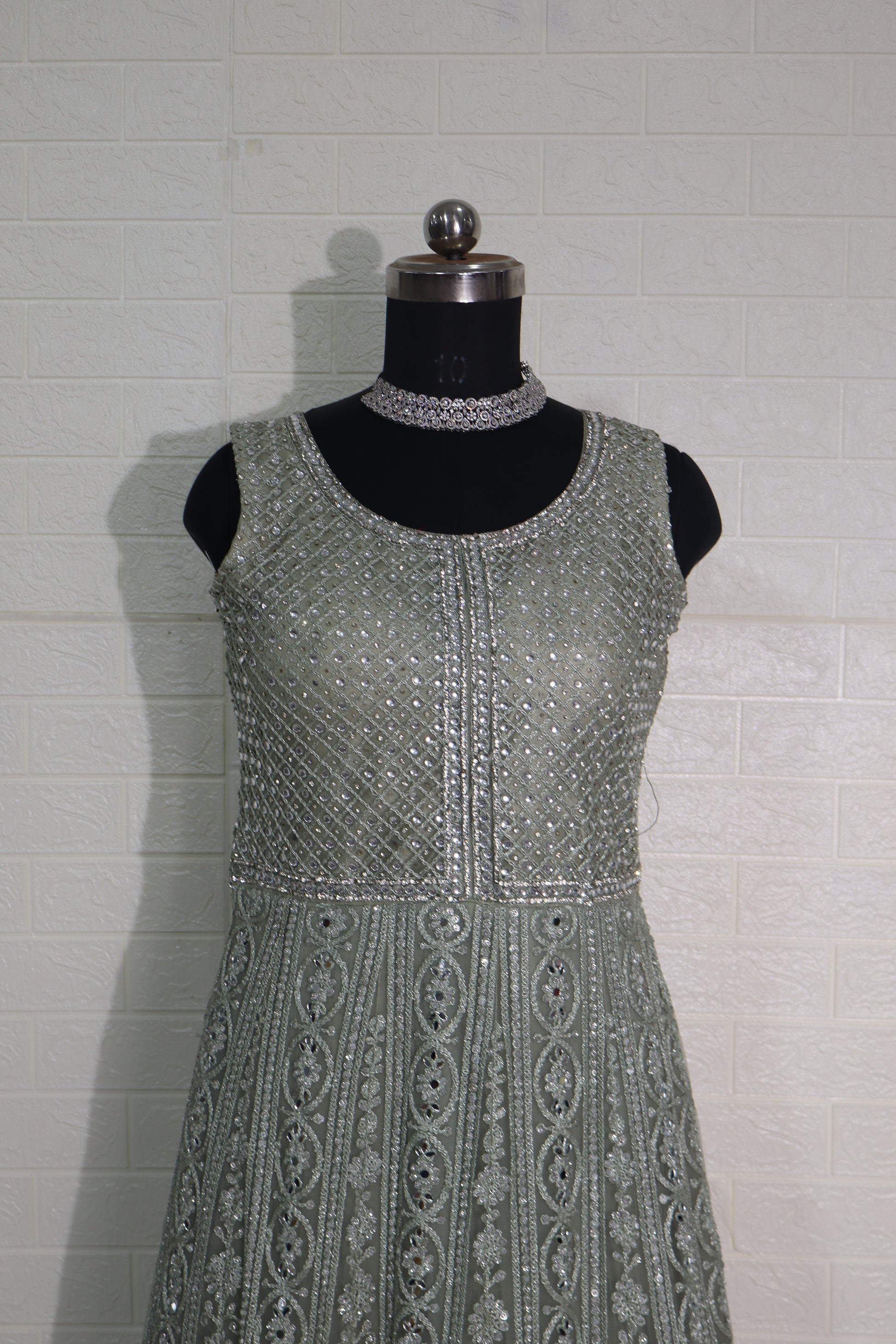 Olive Green Sleeveless Mirror Work Anarkali Gown