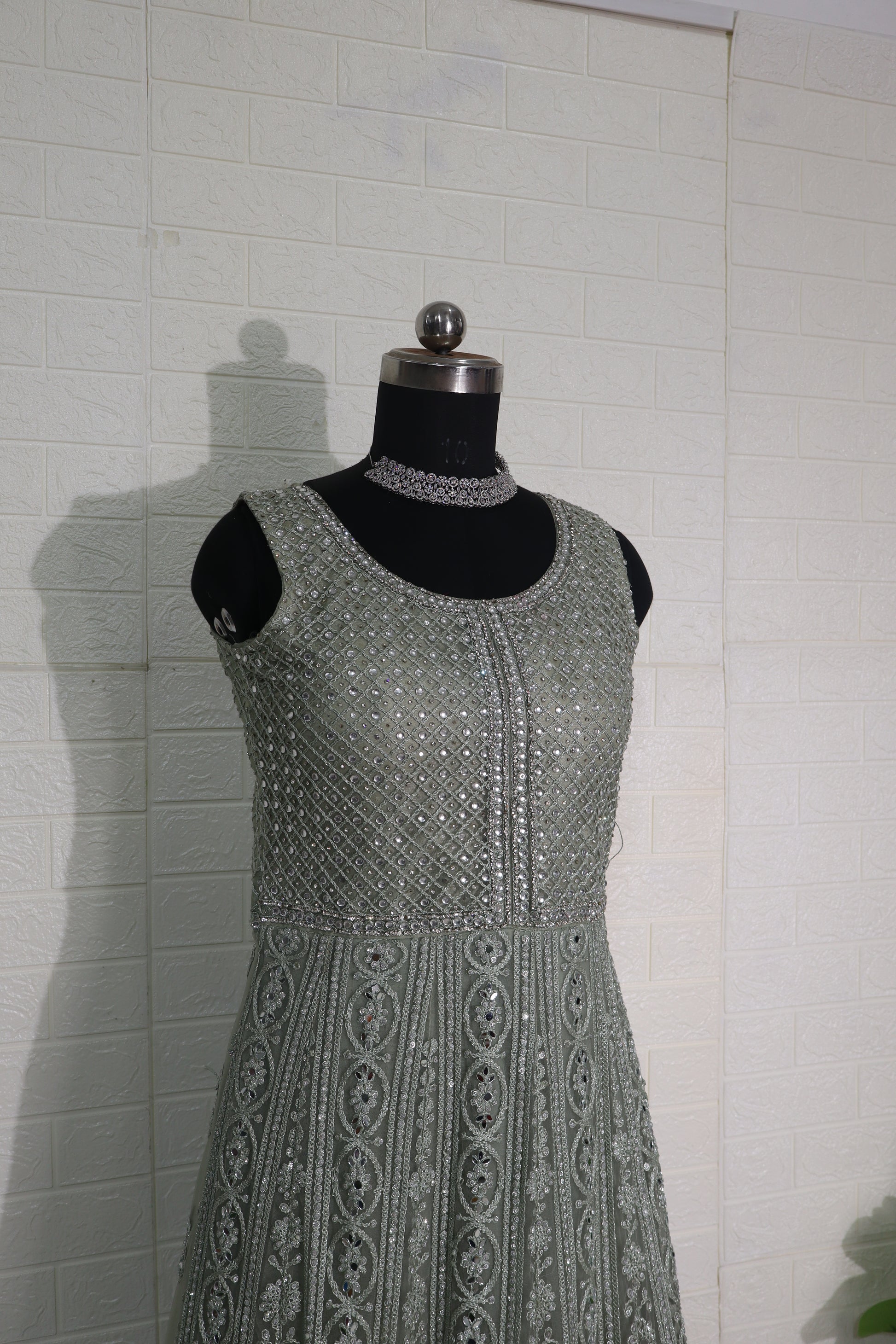 Olive Green Sleeveless Mirror Work Anarkali Gown