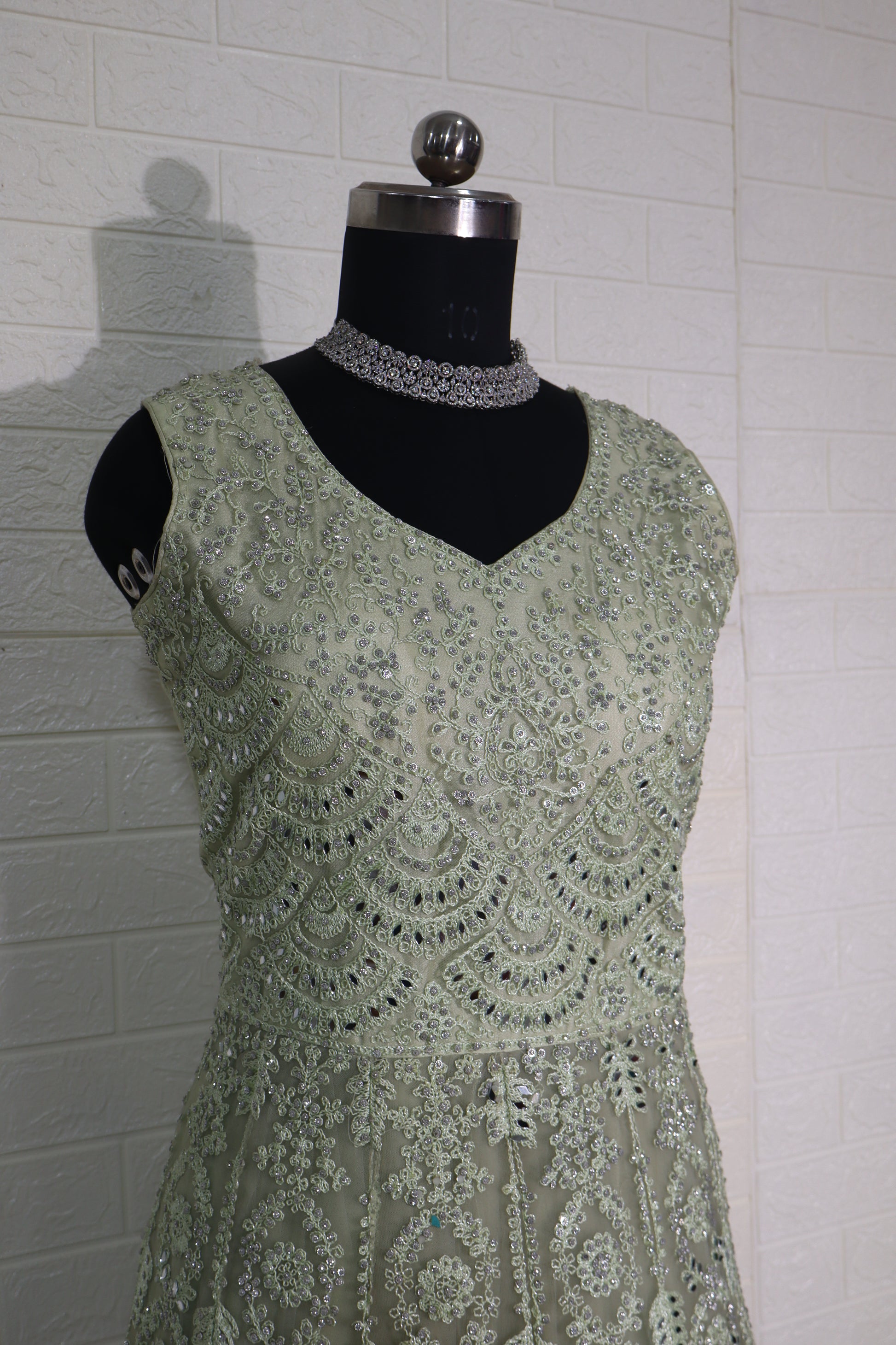 Olive Green Sleeveless Mirror Work Anarkali Gown