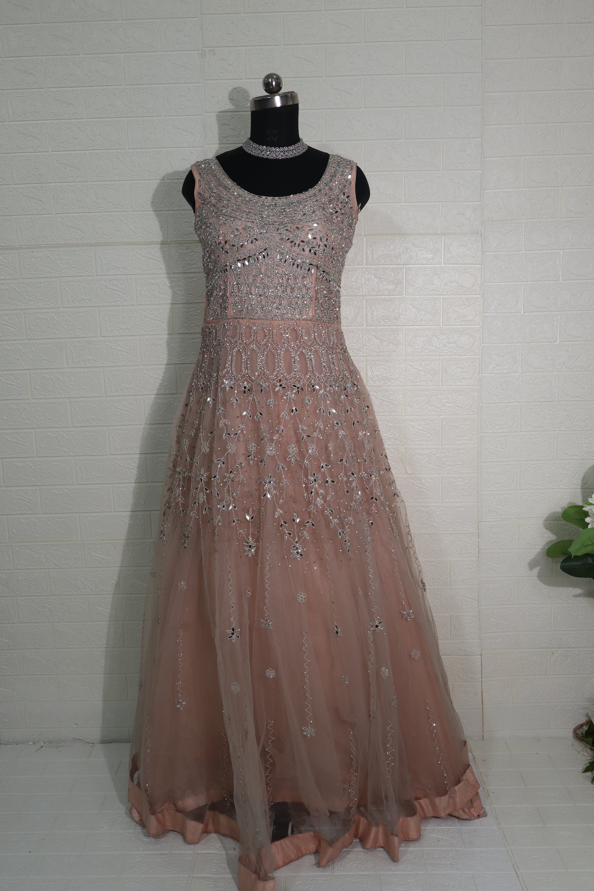 Champagne Peach Mirror-Work Net Gown