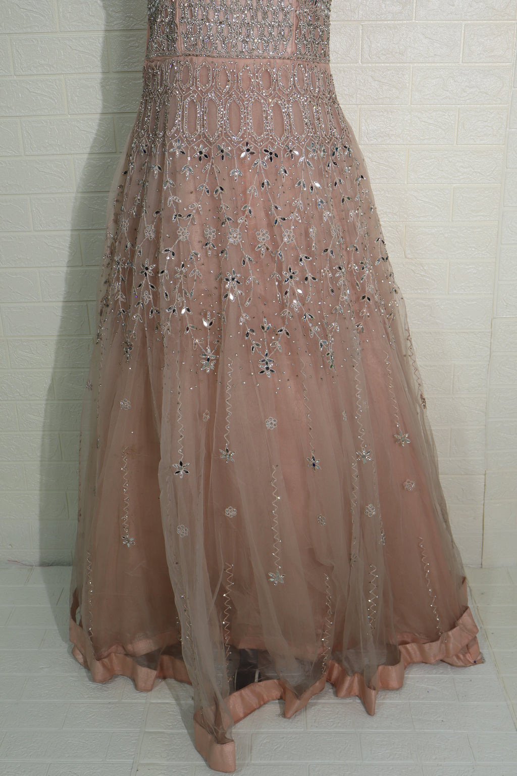 Champagne Peach Mirror-Work Net Gown