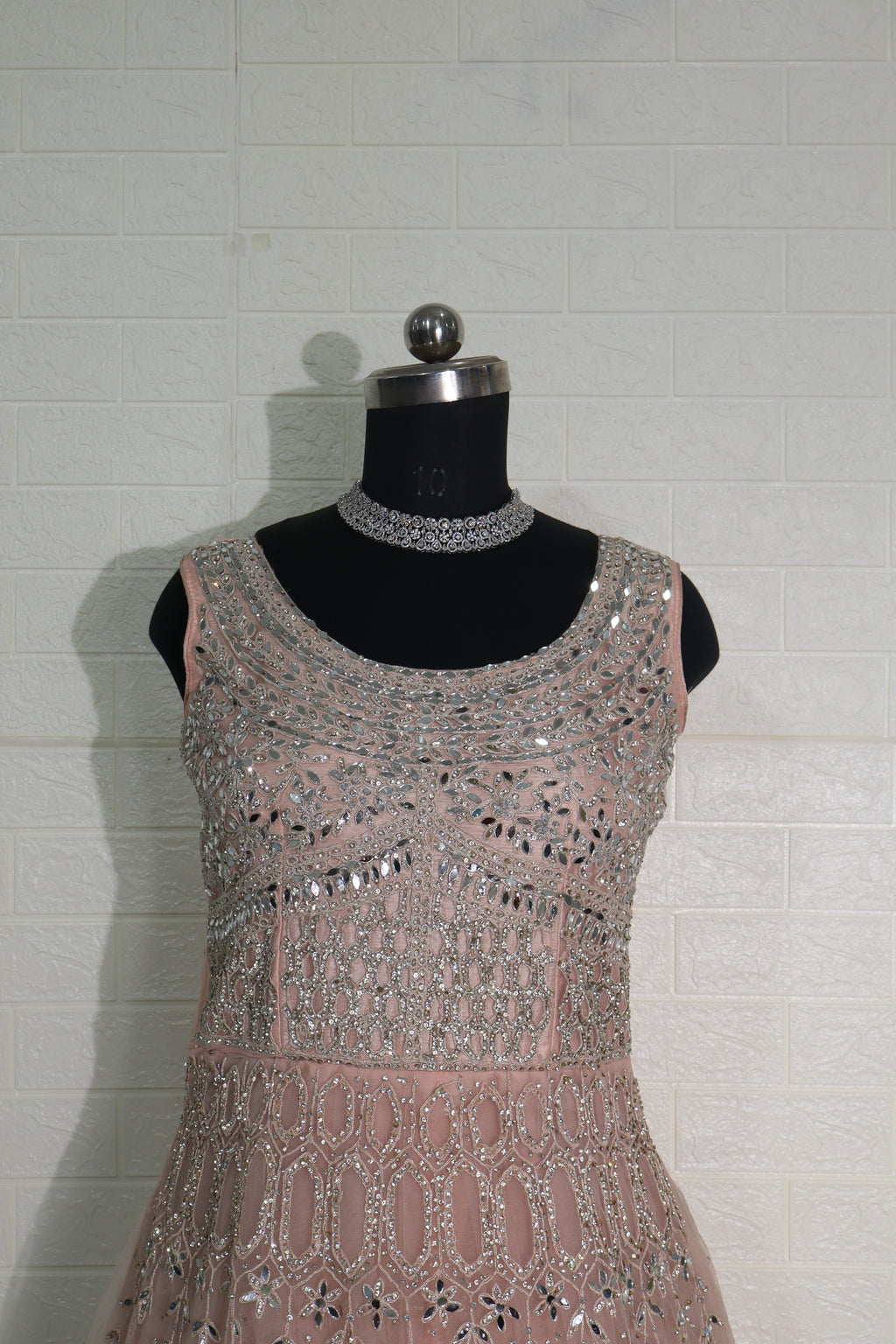 Champagne Peach Mirror-Work Net Gown