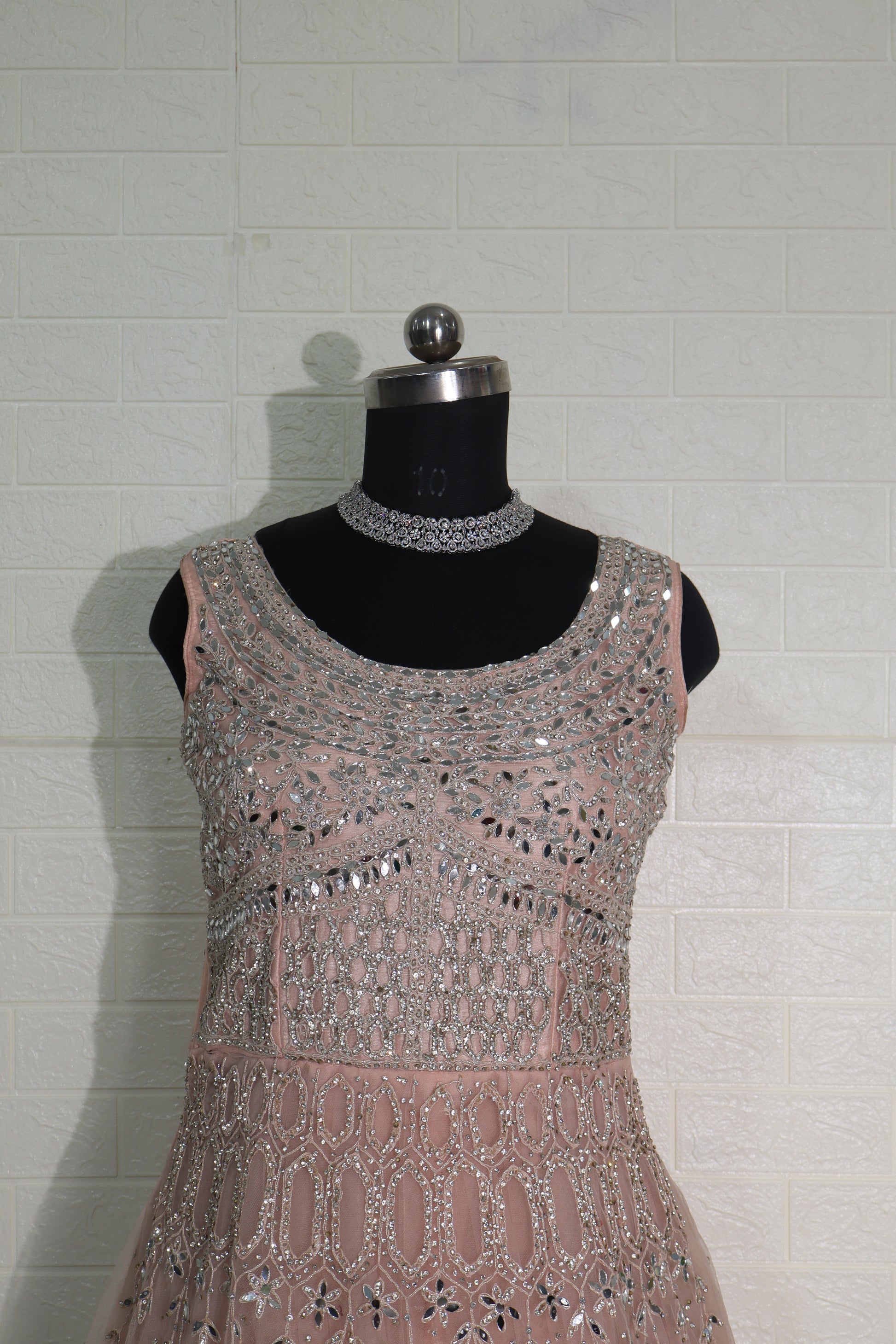 Champagne Peach Mirror-Work Net Gown