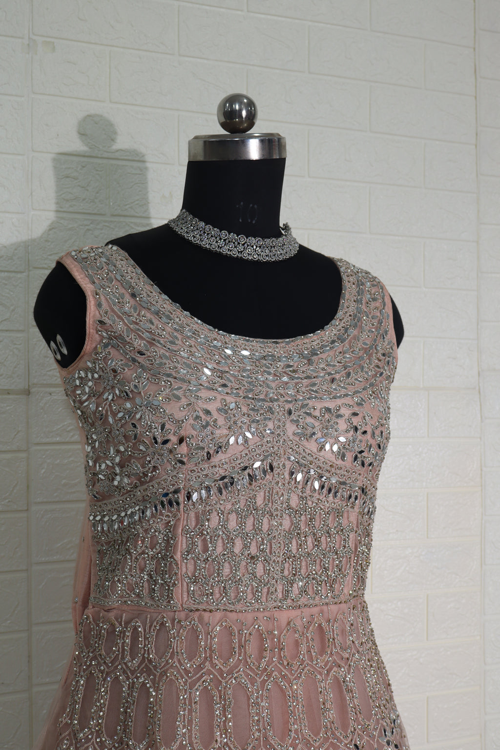 Champagne Peach Mirror-Work Net Gown